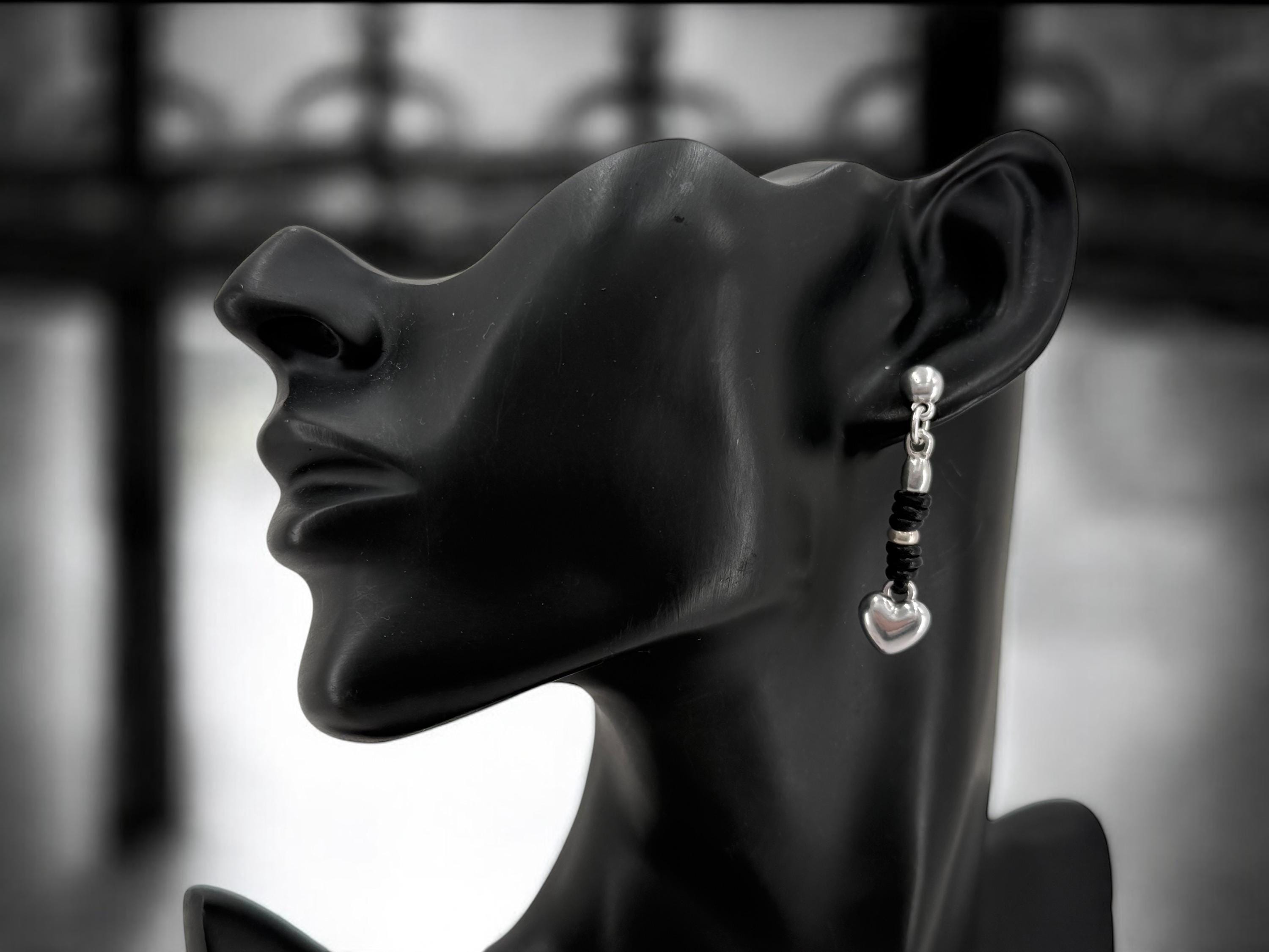 Boho heart dangle earrings, silver and leather jewelry, handmade exclusive kukuri jewelry design