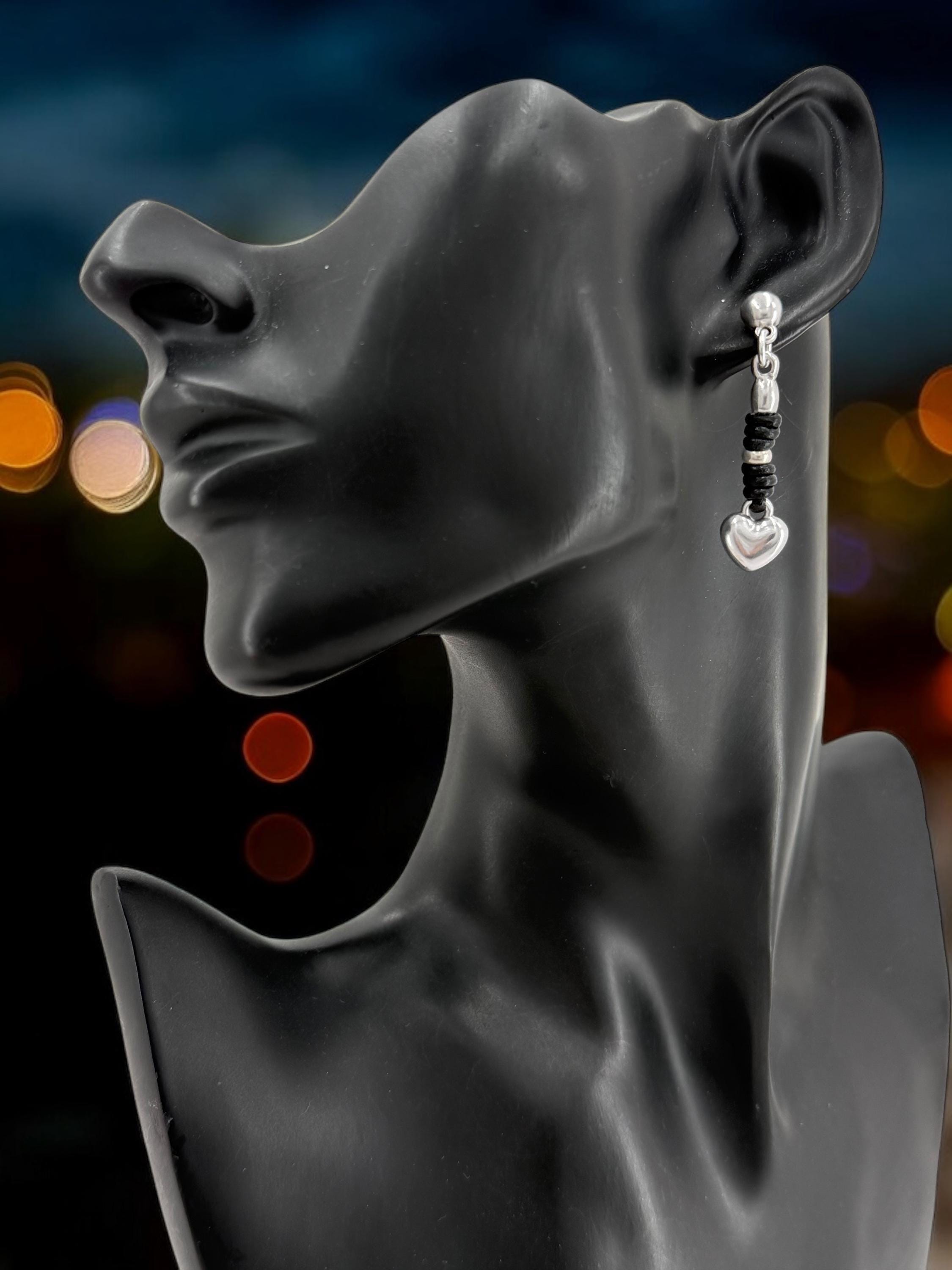 Boho heart dangle earrings, silver and leather jewelry, handmade exclusive kukuri jewelry design