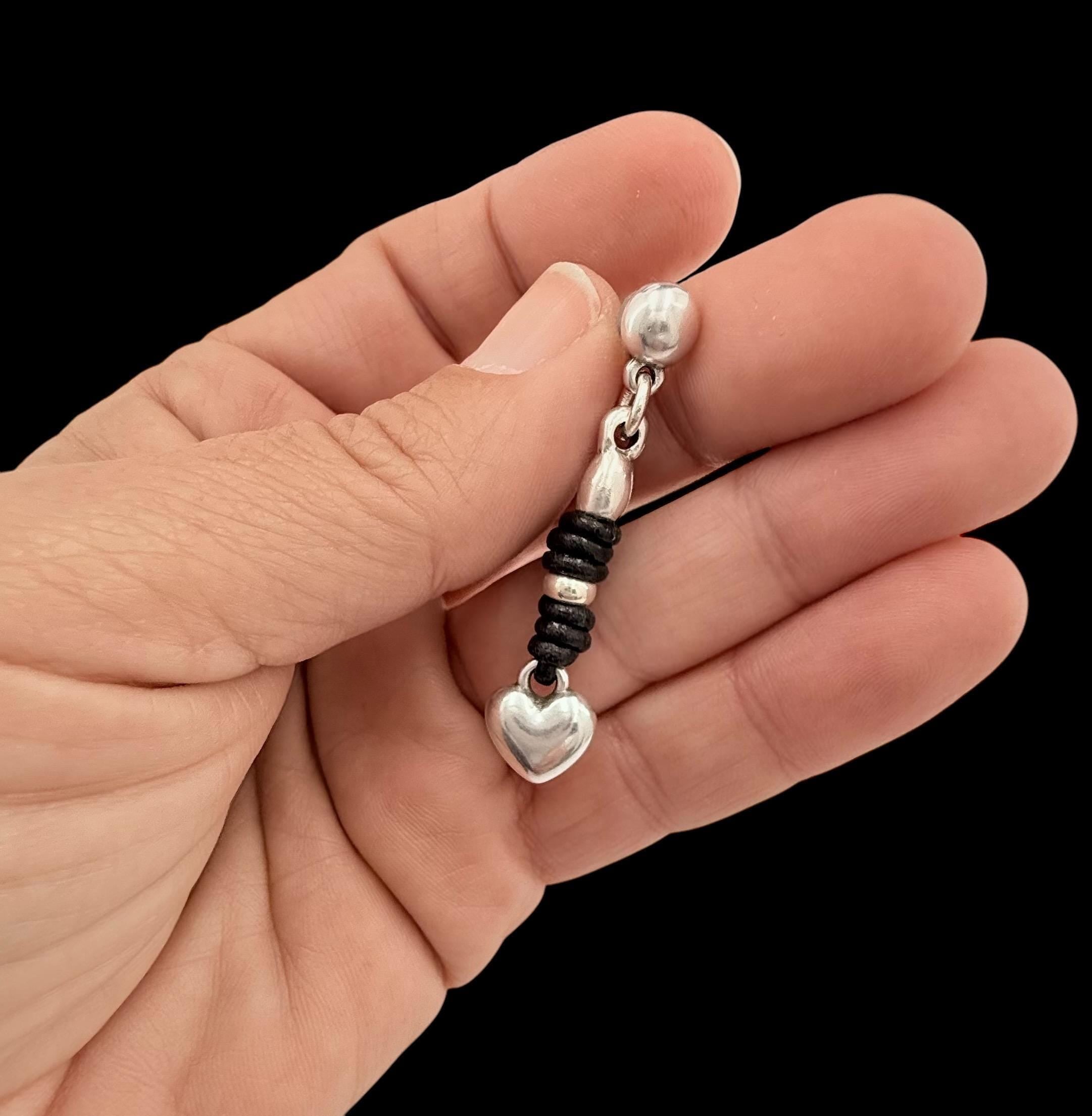 Boho heart dangle earrings, silver and leather jewelry, handmade exclusive kukuri jewelry design