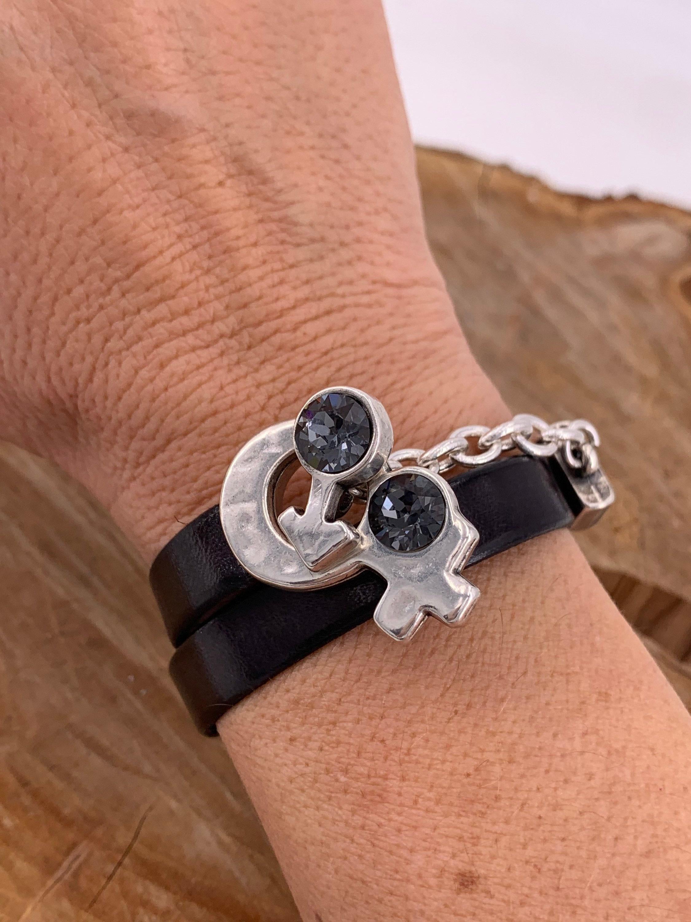 Wrap leather bracelet, silver-plated chain & swarovski symbol toggle clasp, bold handmade jewelry.