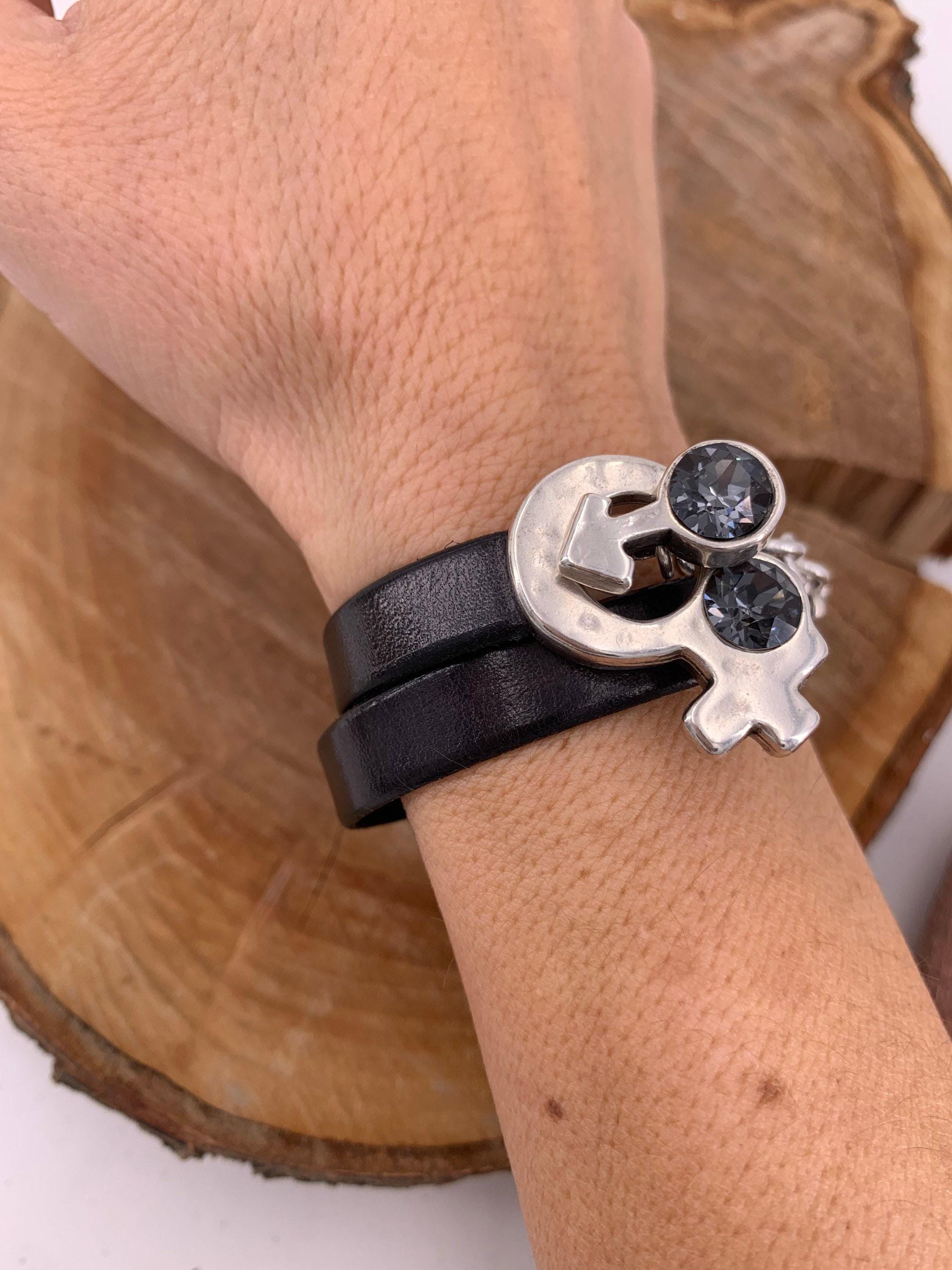 Wrap leather bracelet, silver-plated chain & swarovski symbol toggle clasp, bold handmade jewelry.