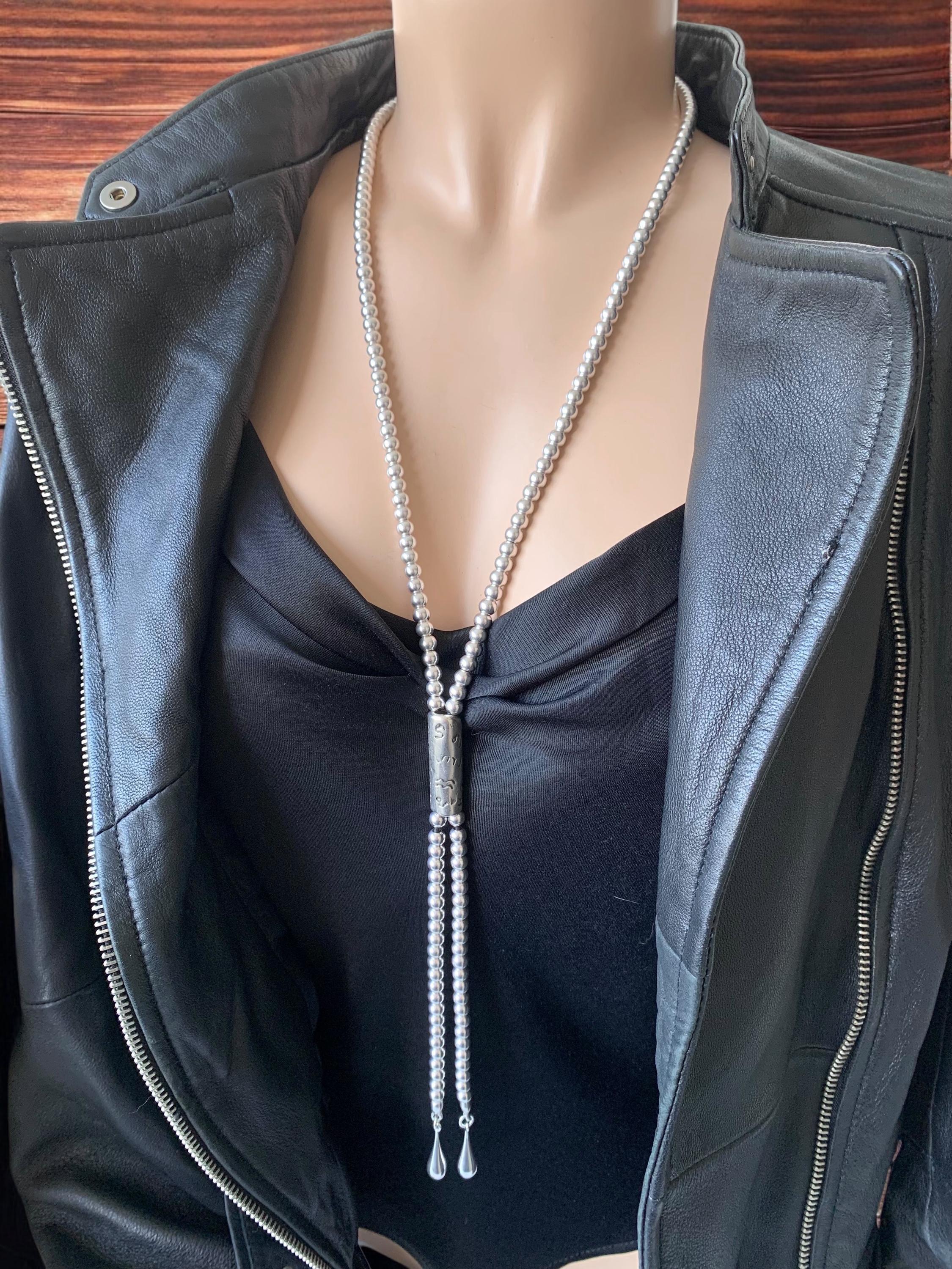 Bold silver beaded lariat necklace – extra long statement jewelry with chunky drop ends – sculptural gift for women - uno de 50 style