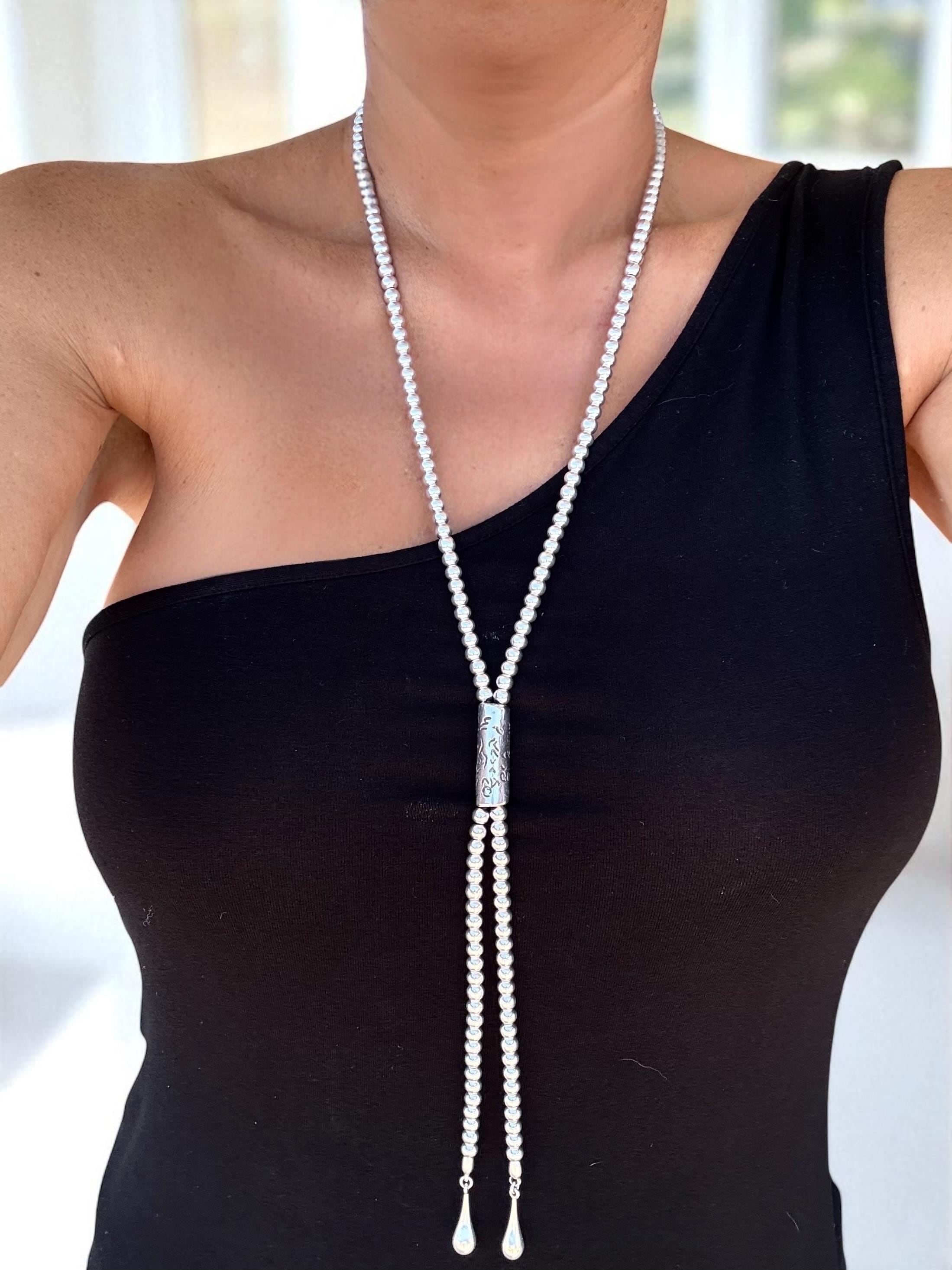 Bold silver beaded lariat necklace – extra long statement jewelry with chunky drop ends – sculptural gift for women - uno de 50 style