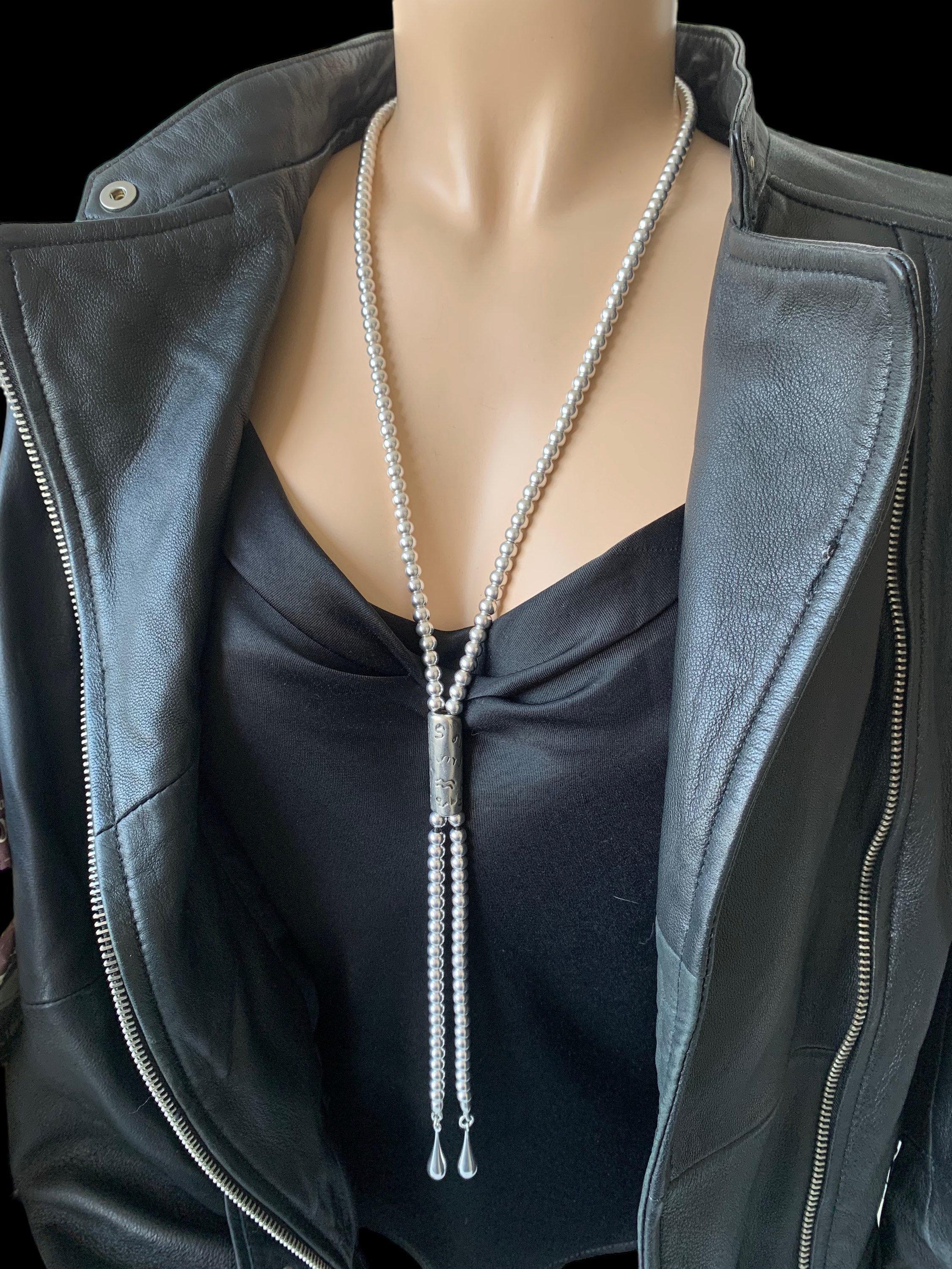 Bold silver beaded lariat necklace – extra long statement jewelry with chunky drop ends – sculptural gift for women - uno de 50 style