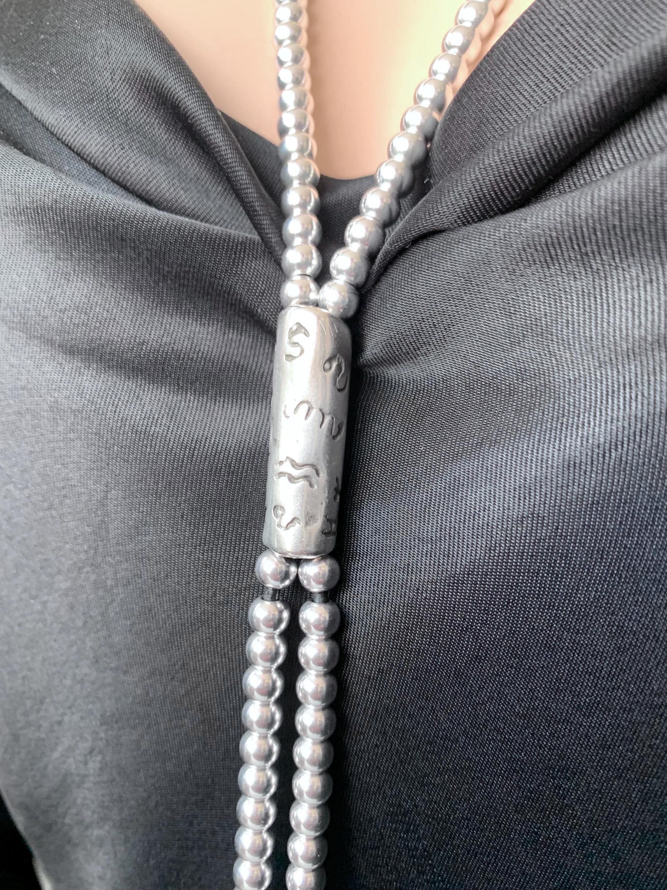 Bold silver beaded lariat necklace – extra long statement jewelry with chunky drop ends – sculptural gift for women - uno de 50 style