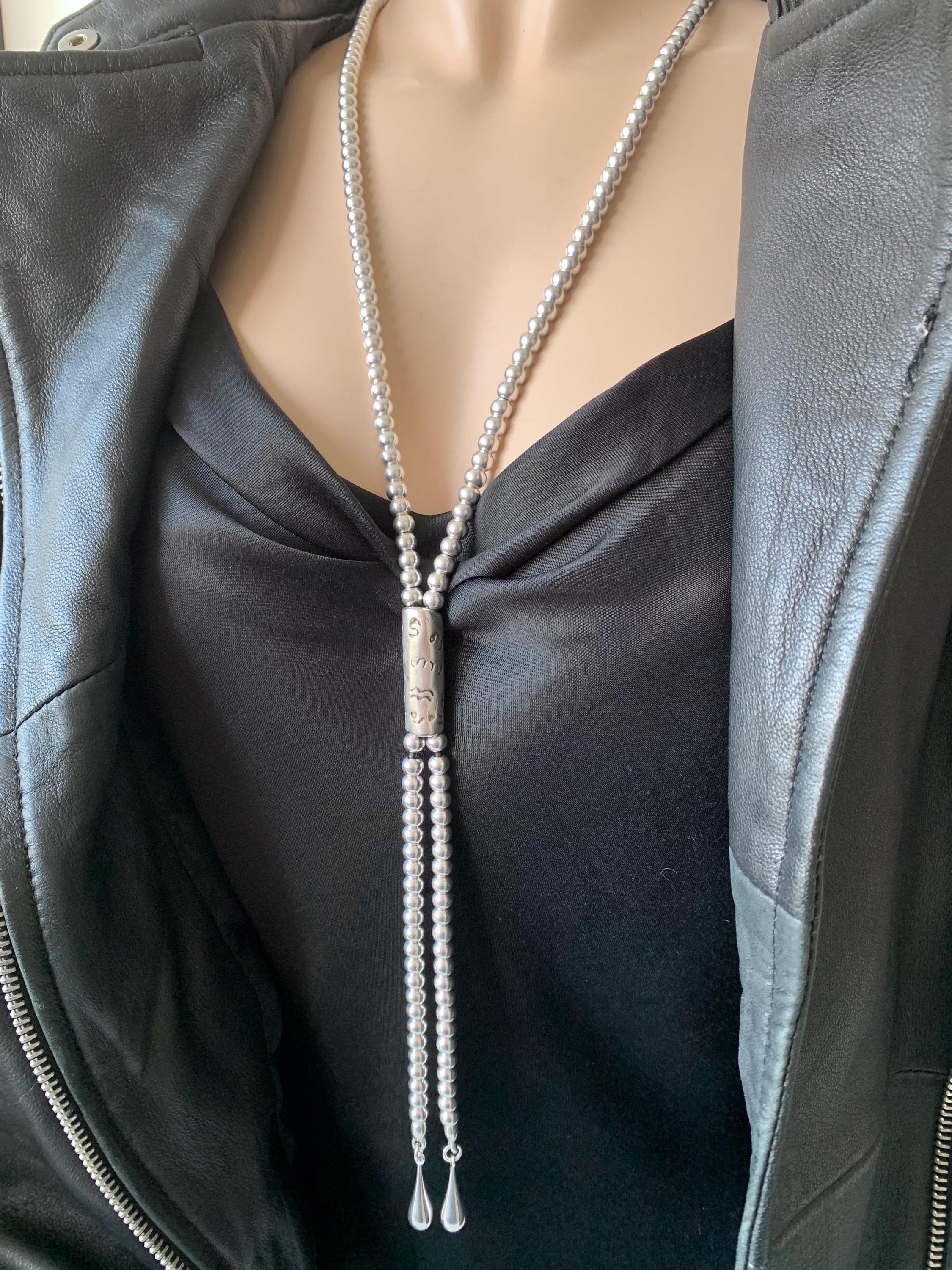 Bold silver beaded lariat necklace – extra long statement jewelry with chunky drop ends – sculptural gift for women - uno de 50 style