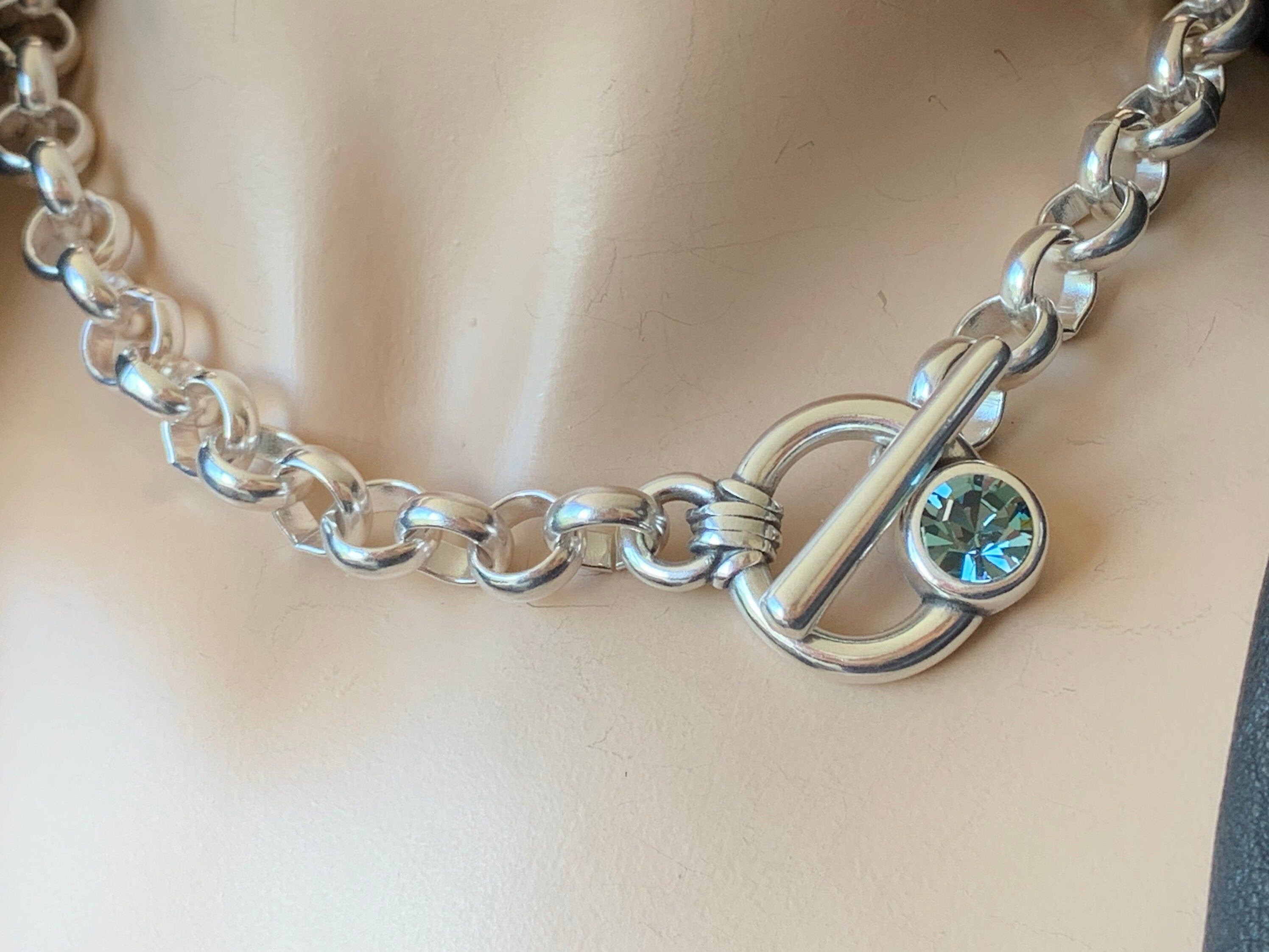 silver chunky necklace, rolo chain necklace with toggle clasp and swarovski crystal, silver chunky necklace, thick links silver chain choker