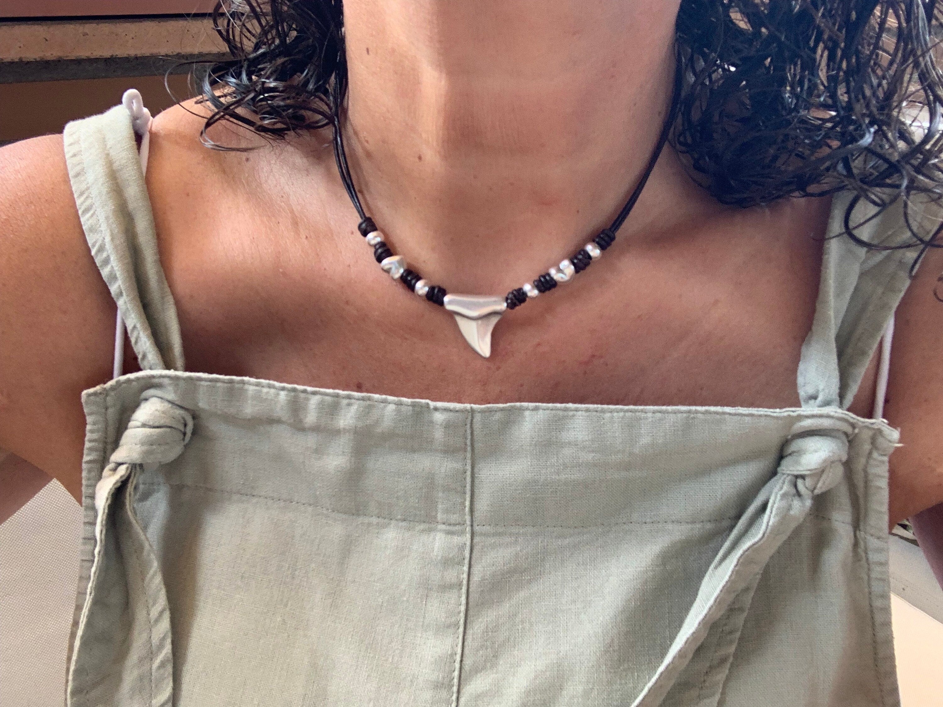 Bohemian leather necklace, pendant necklace, shark tooth necklace, silver beaded necklace, tribal necklace, summertime necklace,