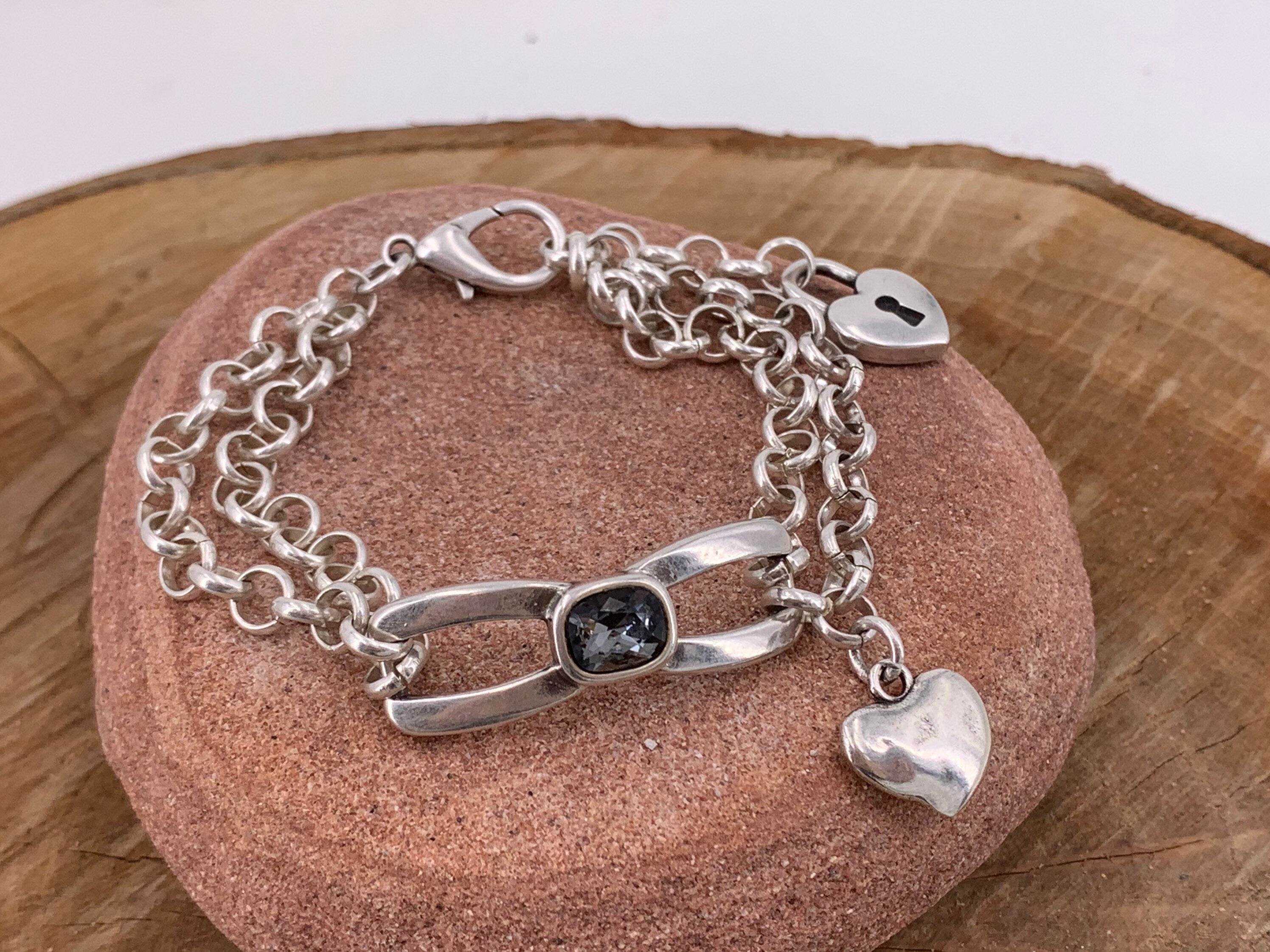 Silver chain bracelet, doble chain statement bracelet, silver chain Swarovski bracelet, chunky bracelet, rock bracelet,