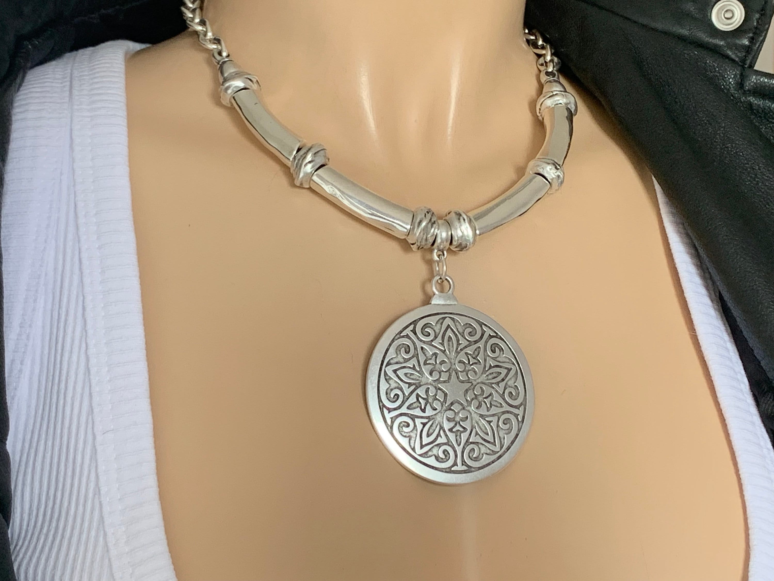 Statement pendant chunky silver heavy chain necklace, big pendant chunky necklace, solid silver pendant necklace, coin pendant necklace,