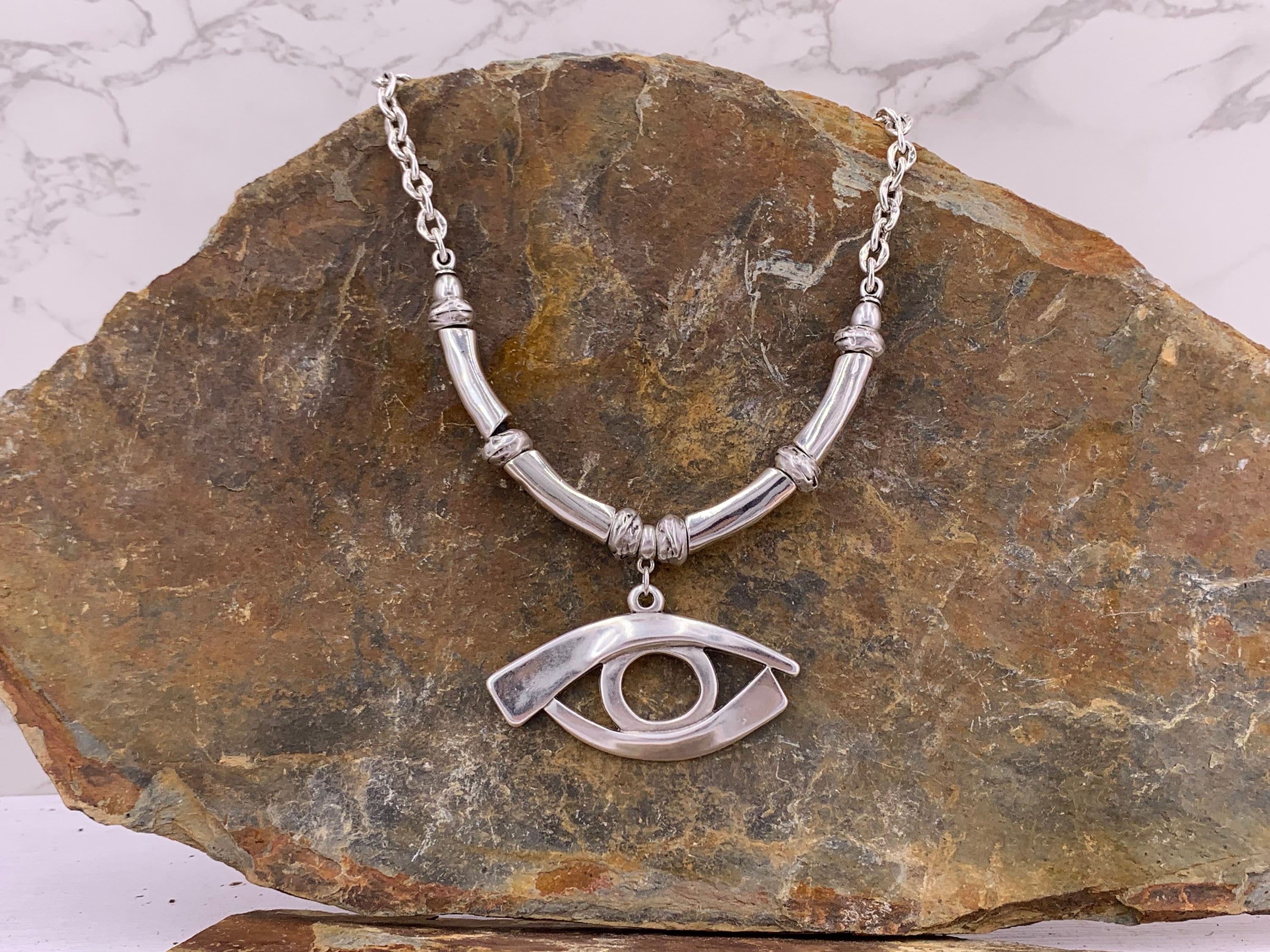 Statement protector eye pendant, chunky silver heavy chain necklace, big pendant silver chain necklace, solid necklace, chunky silver choker