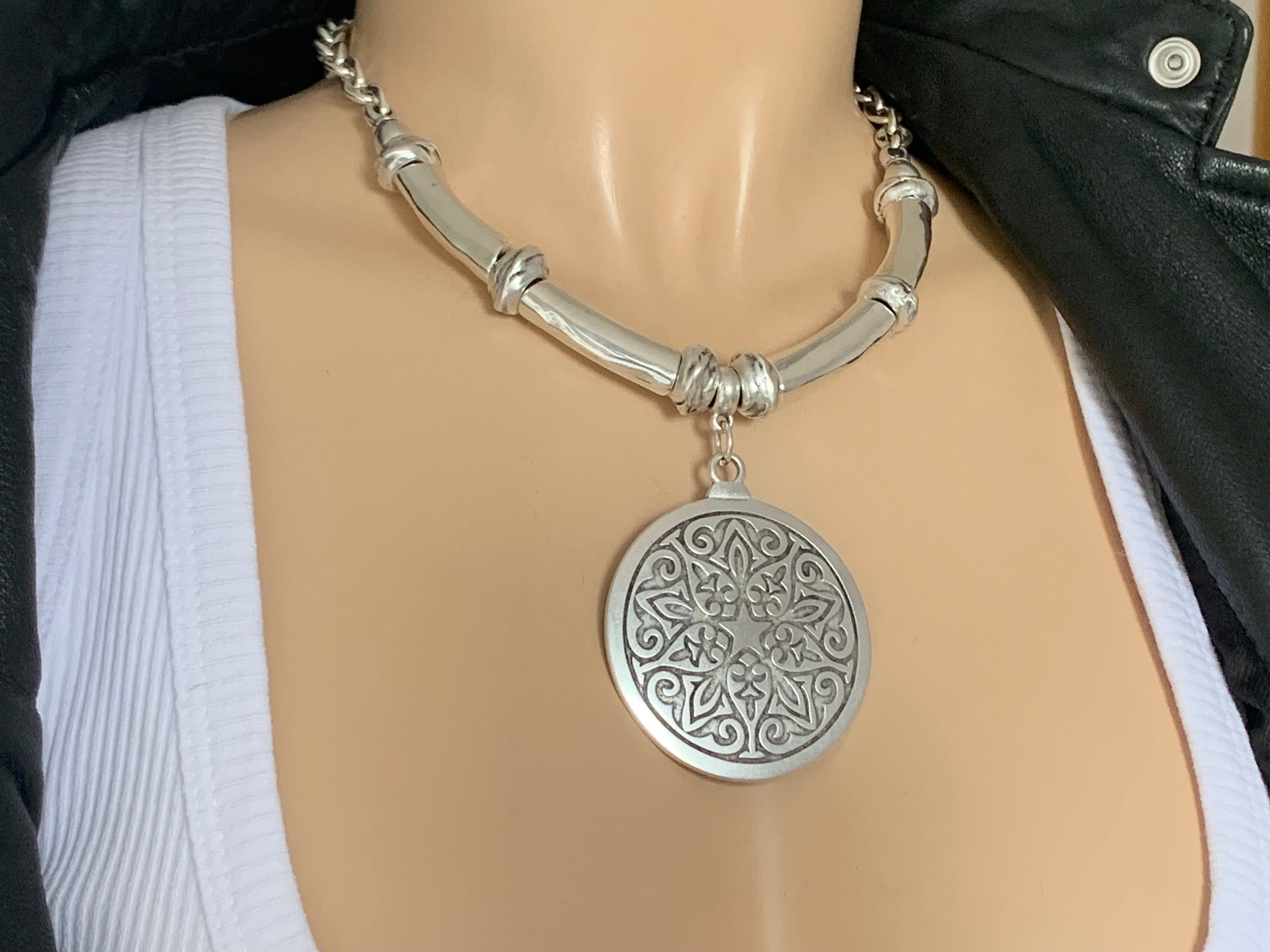 Statement pendant chunky silver heavy chain necklace, big pendant chunky necklace, solid silver pendant necklace, coin pendant necklace,