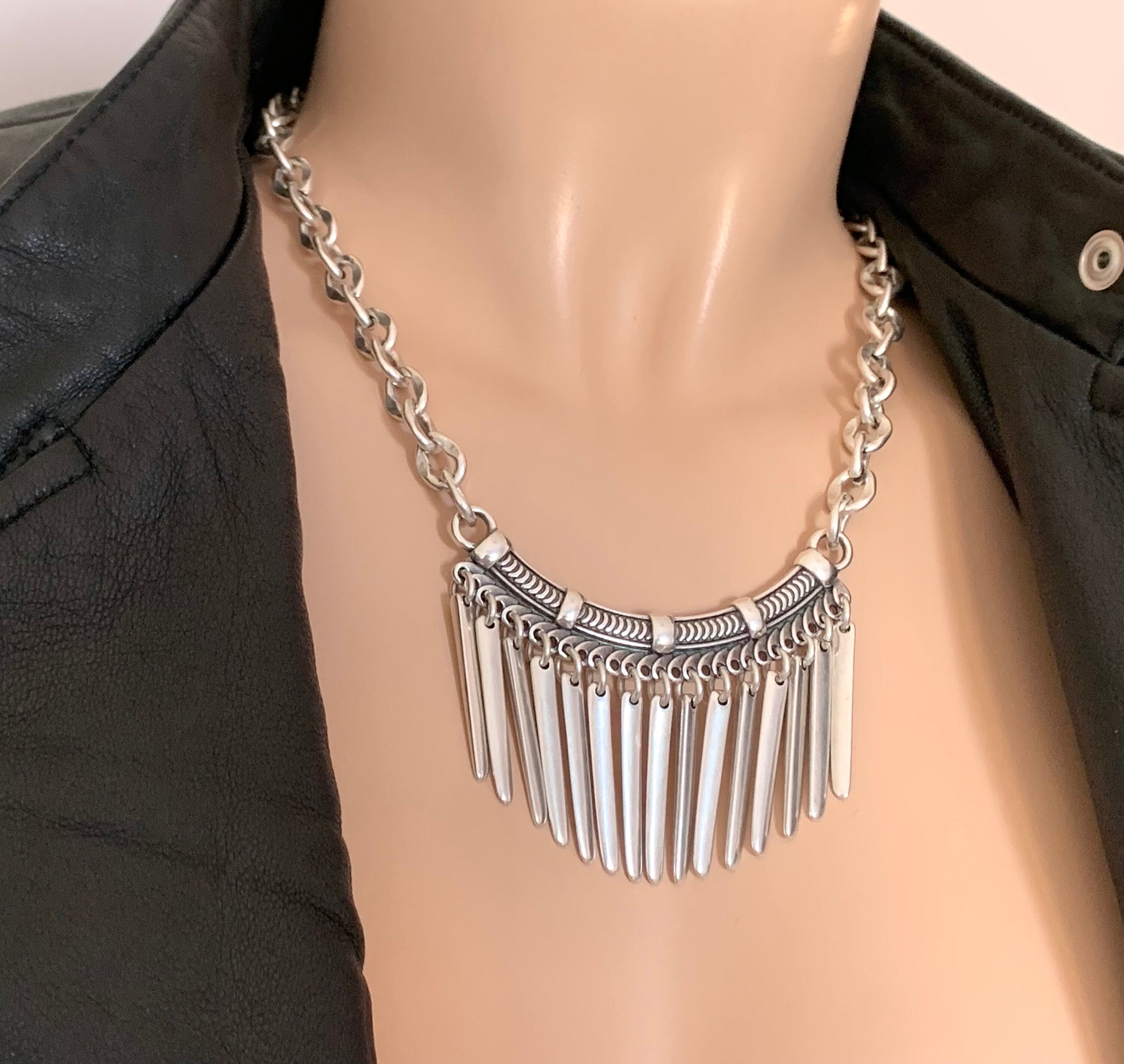 silver bib necklace, tribal necklace, statement necklace, chunky necklace, stunning necklace, ethnic necklace, spikes necklace, silver