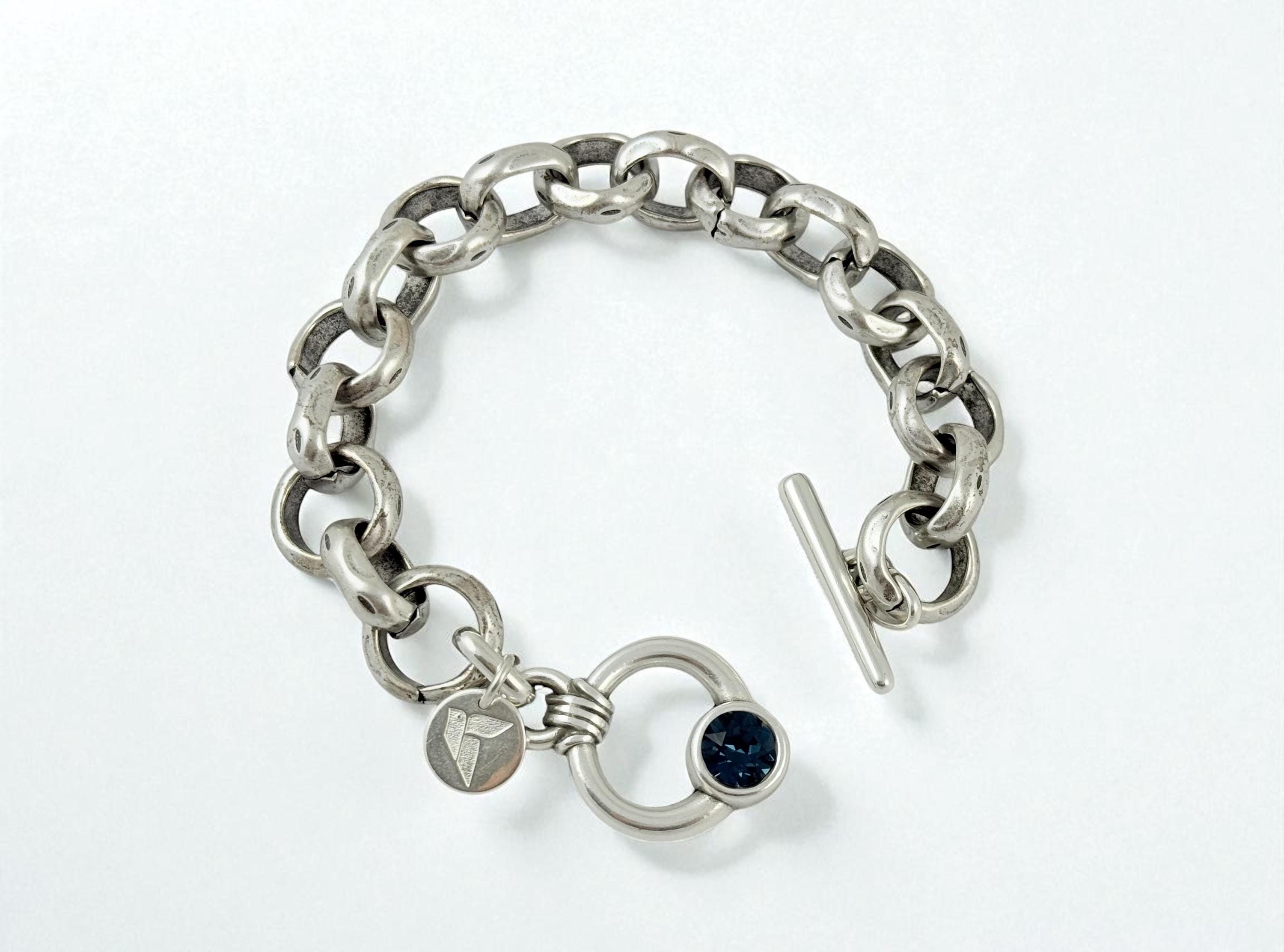 Chunky Silver Chain Bracelet – 15 mm Solid Links – Swarovski Toggle Clasp – Antique Finish – Kukuri Jewelry