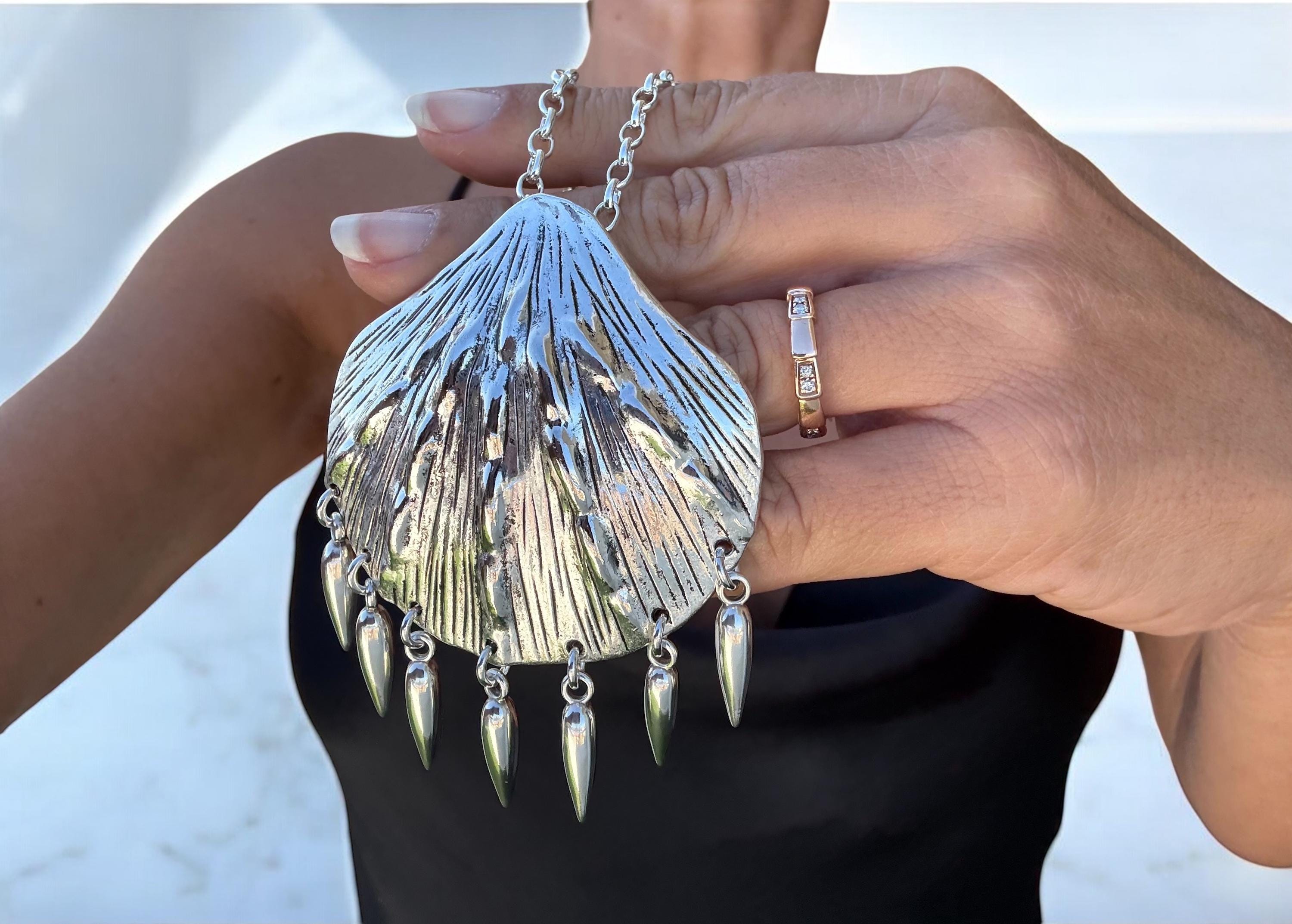 Long Silver Chain Necklace – Statement Shell Pendant – Convertible Double Strand – Kukuri Jewelry