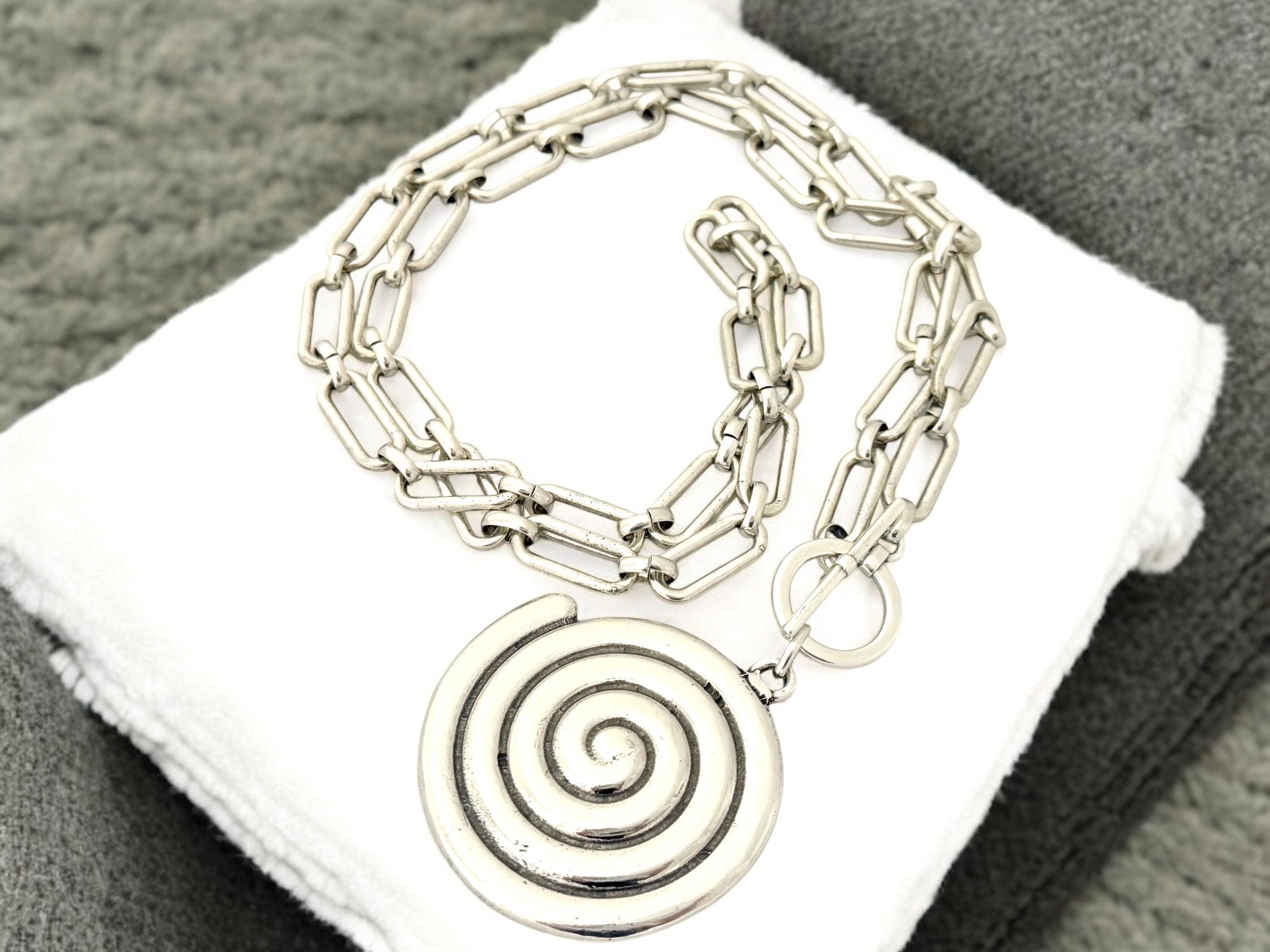 Very Long Chunky Silver Chain Necklace – Statement Spiral Pendant on Toggle Clasp  – Kukuri Jewelry
