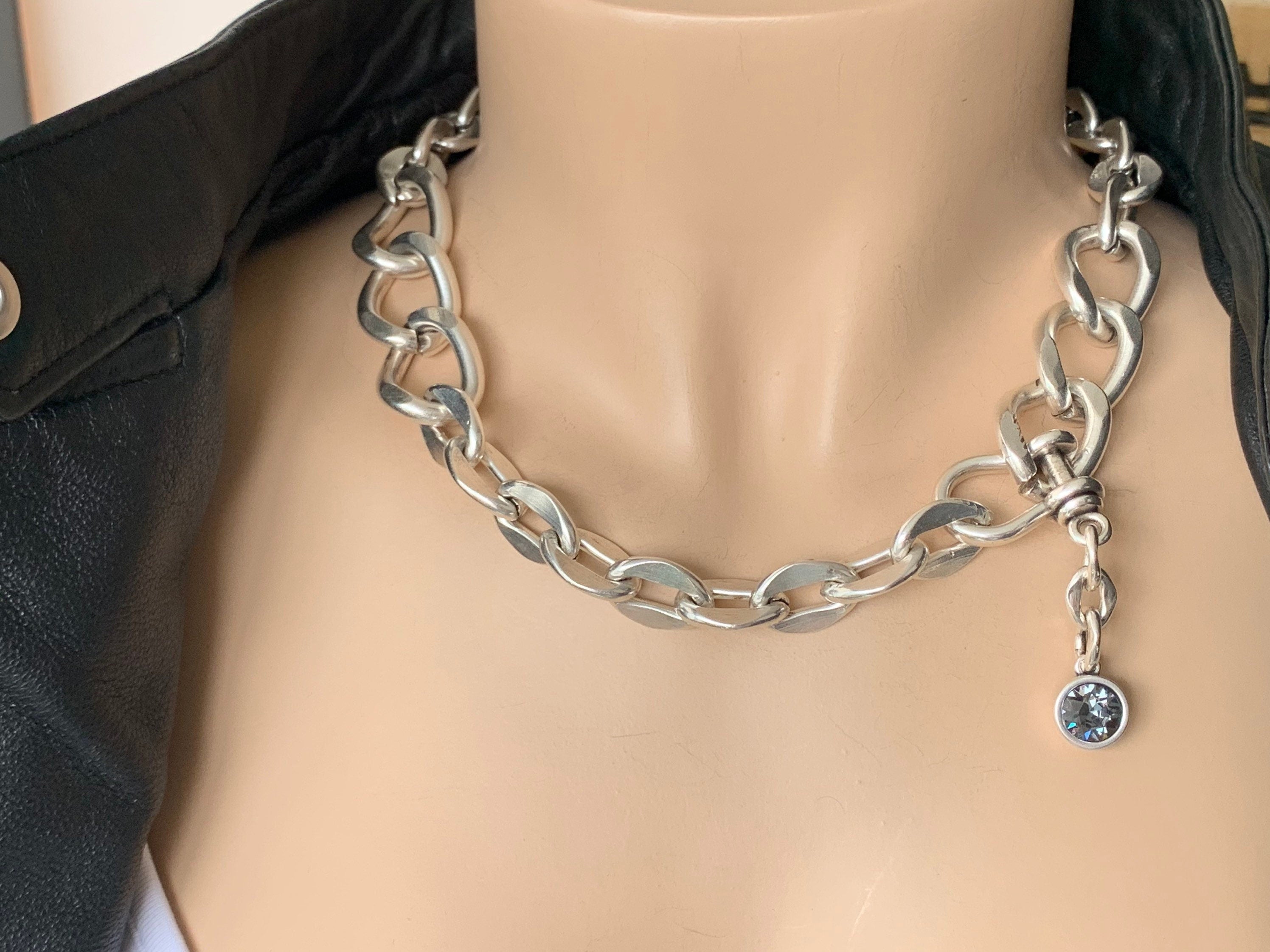 chunky chain silver heavyweight necklace, curb chain necklace, Silver chain choker, chunky Swarovski choker, bold necklace,  Style
