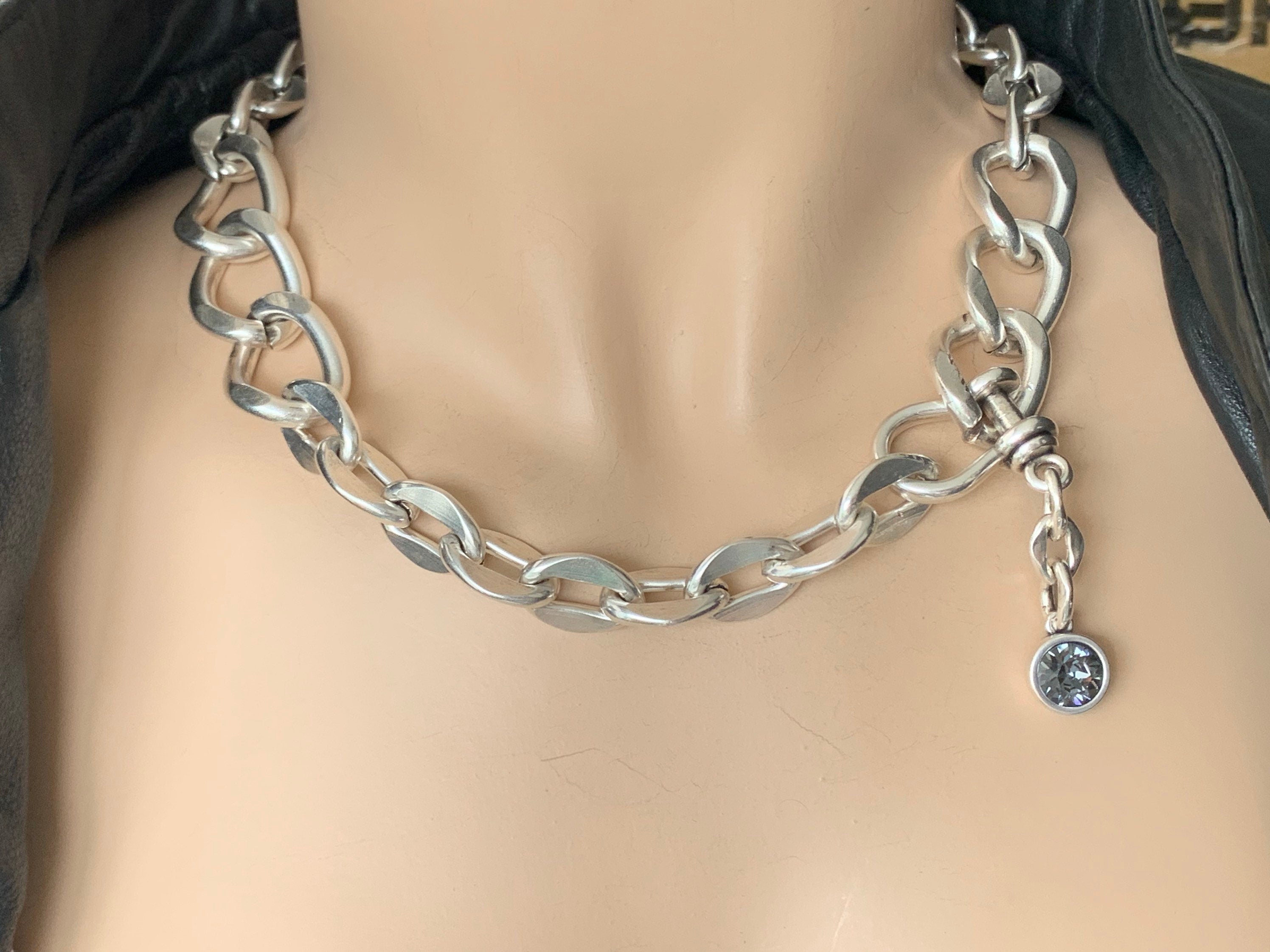 chunky chain silver heavyweight necklace, curb chain necklace, Silver chain choker, chunky Swarovski choker, bold necklace,  Style