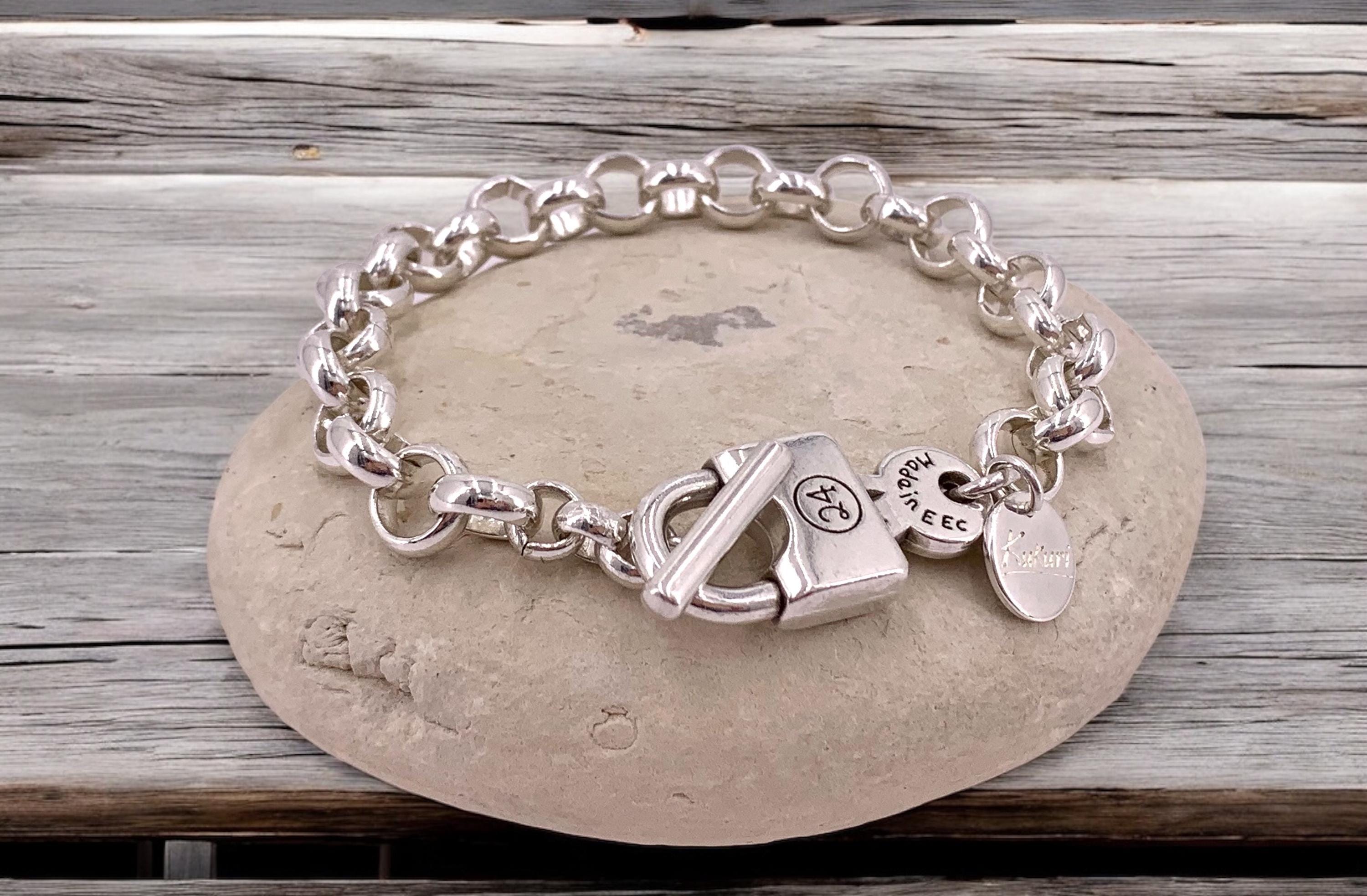 Chunky Silver chain bracelet with padlock, bold link rolo bracelet, heavyweight chain bracelet, voluminous bracelet, uno de 50 style, gift