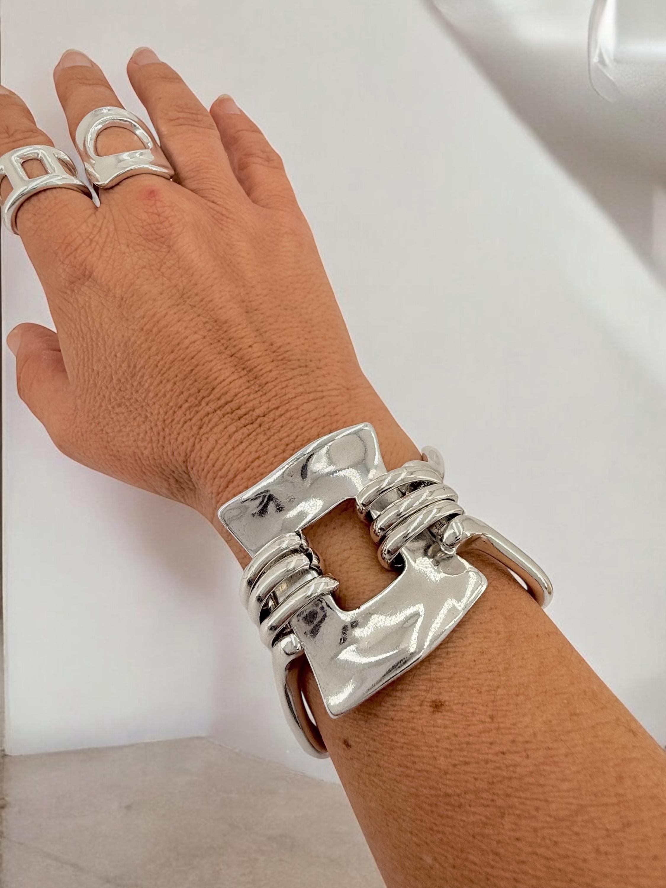 Chunky silver bracelet, cuff bracelet, silver bold bracelet, silver chain bracelet, thick link bracelet, uno de 50 style, statement bracelet