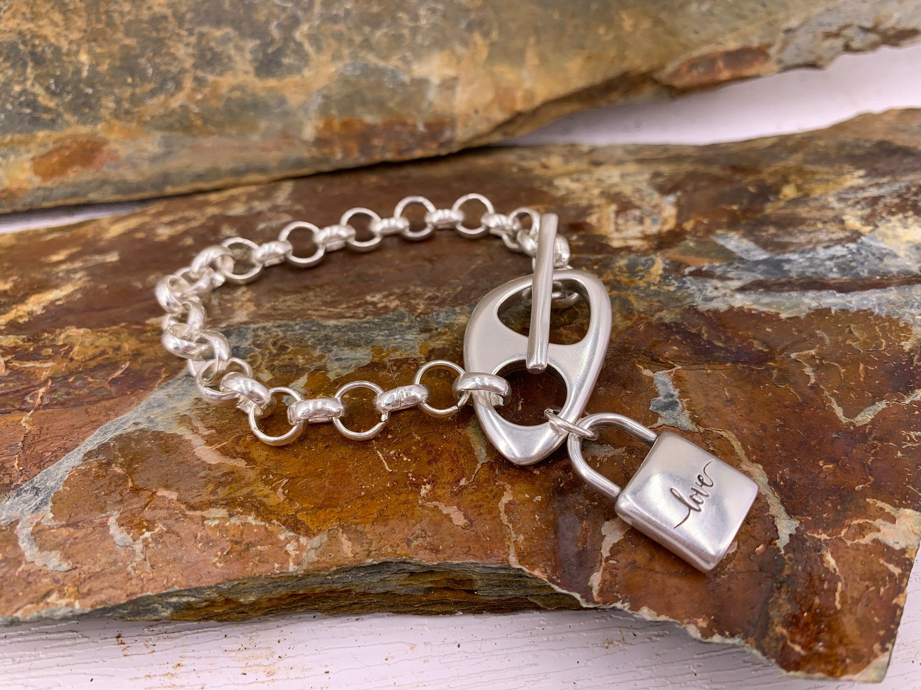 Chunky Silver Chain Bracelet with Padlock Pendant – Toggle Clasp – Custom Fit – Kukuri Jewelry
