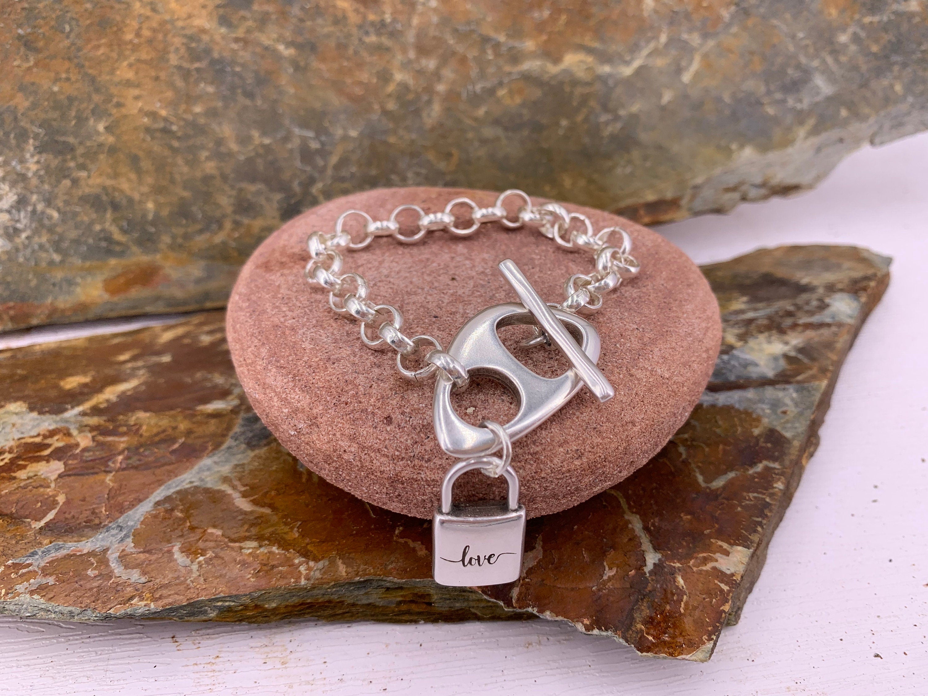 Chunky Silver Chain Bracelet with Padlock Pendant – Toggle Clasp – Custom Fit – Kukuri Jewelry