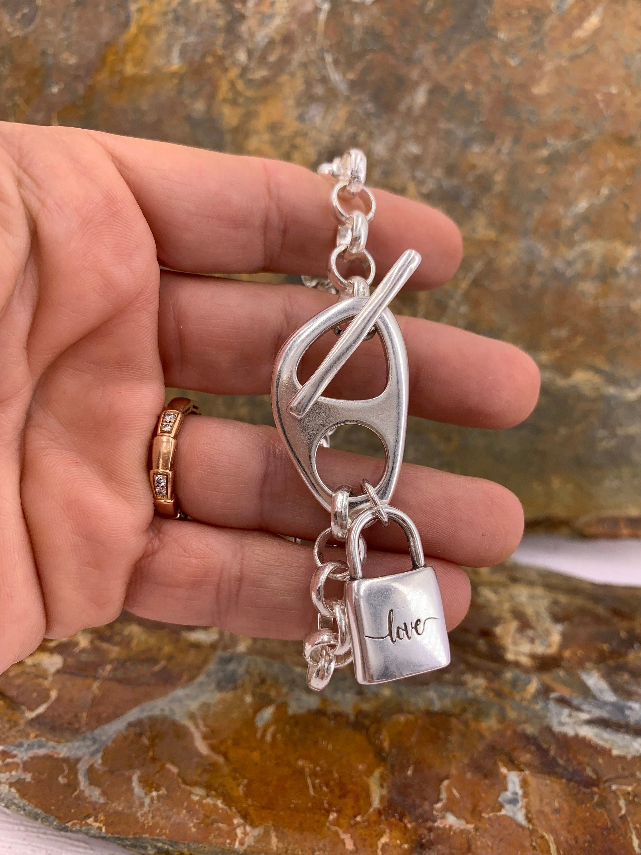 Chunky Silver Chain Bracelet with Padlock Pendant – Toggle Clasp – Custom Fit – Kukuri Jewelry