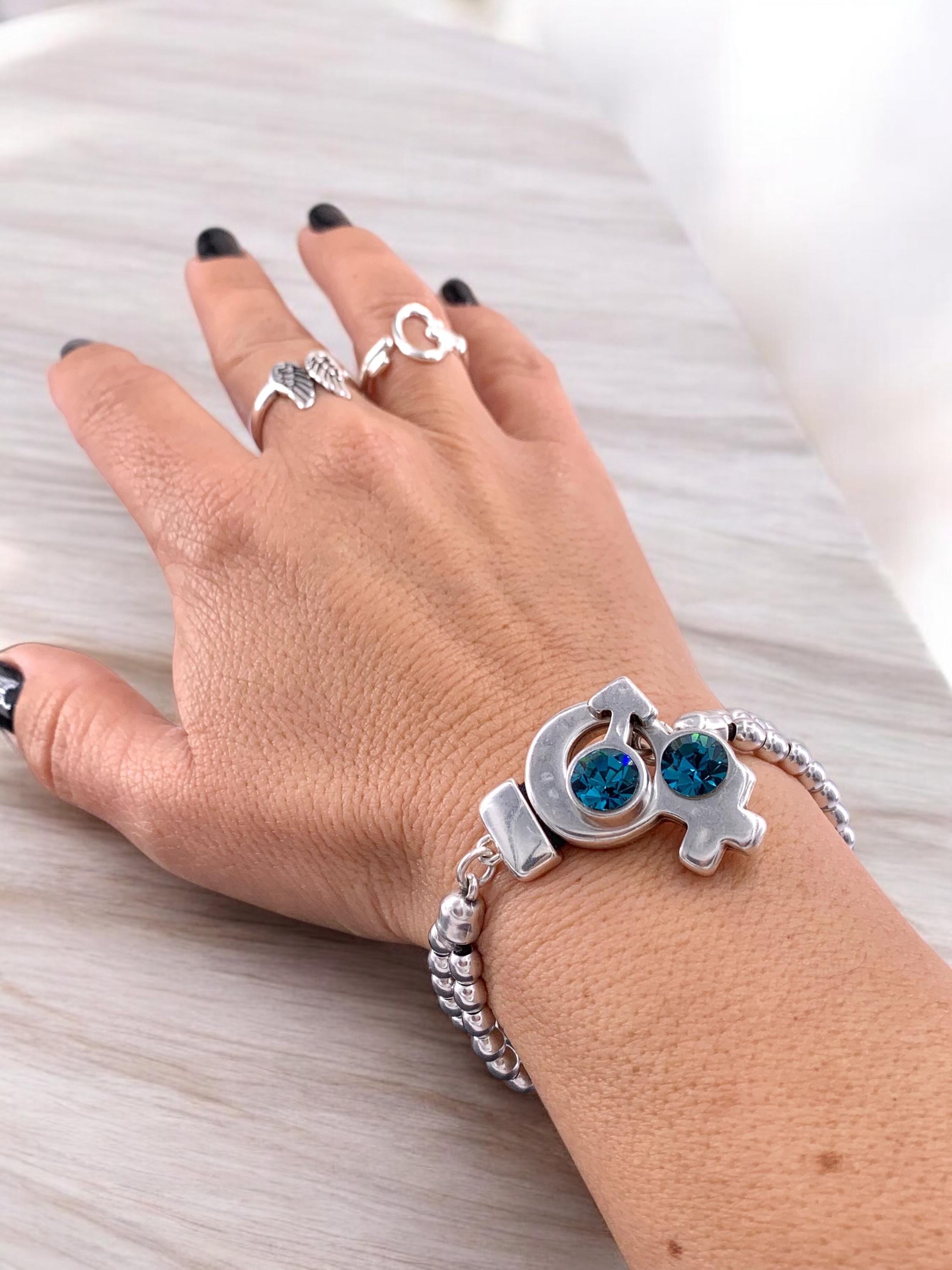 Chunky silver beaded bracelet with statement female and male symbol toggle clasp with Swarovski crystals, bulky bracelet, bold bead bracelet