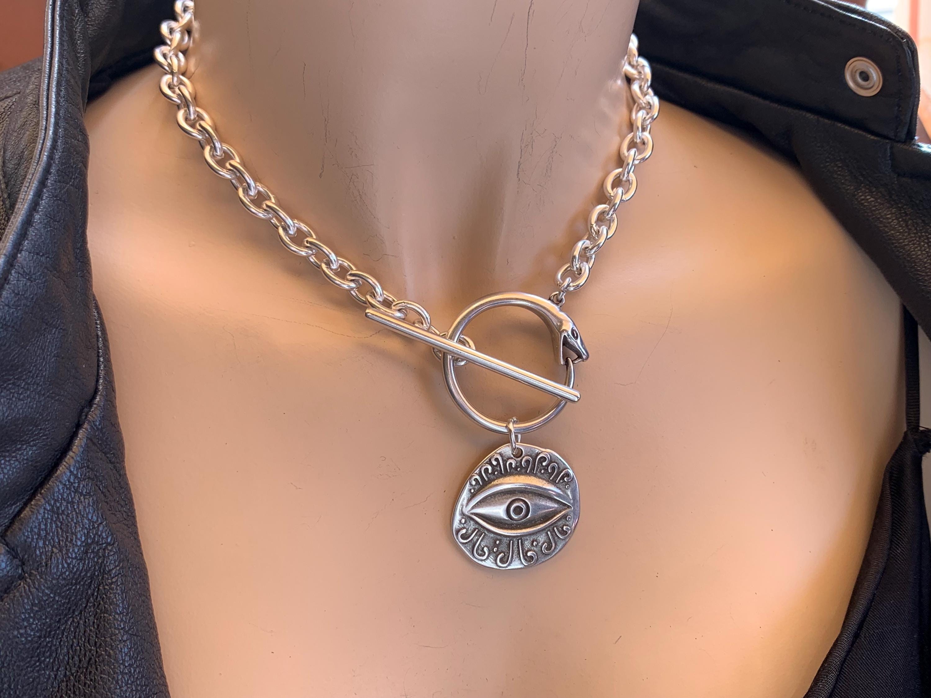 Statement chunky silver chain necklace with snake-shaped toggle clasp and stetment Horus eye pendant, bold bulky necklace, snake necklace,
