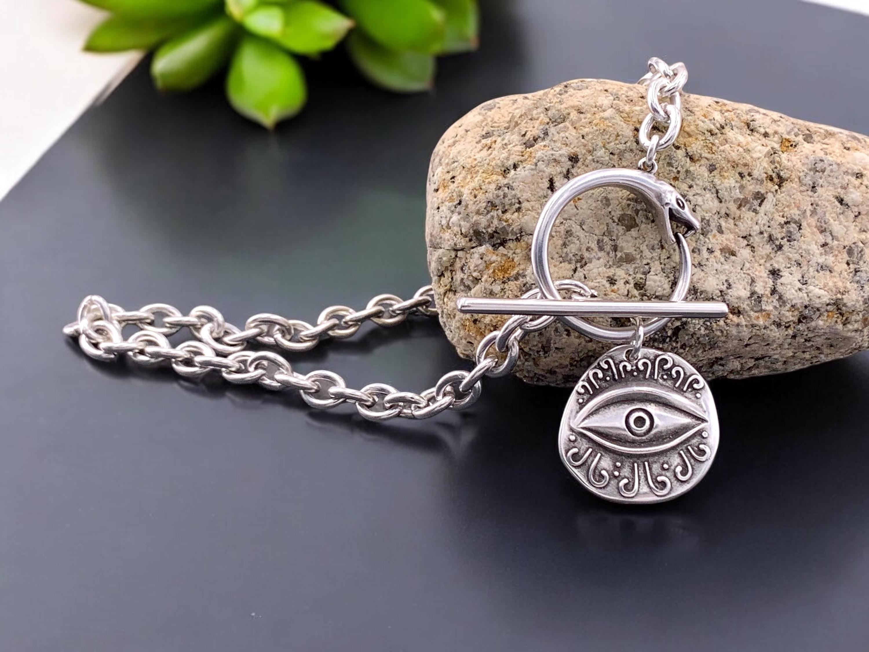 Statement chunky silver chain necklace with snake-shaped toggle clasp and stetment Horus eye pendant, bold bulky necklace, snake necklace,