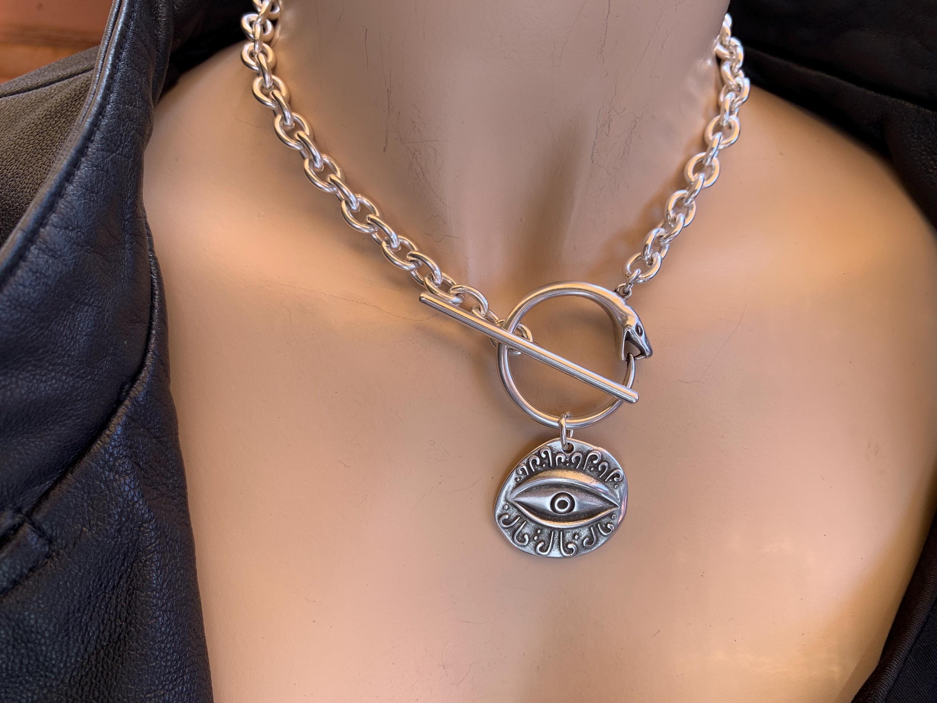 Statement chunky silver chain necklace with snake-shaped toggle clasp and stetment Horus eye pendant, bold bulky necklace, snake necklace,