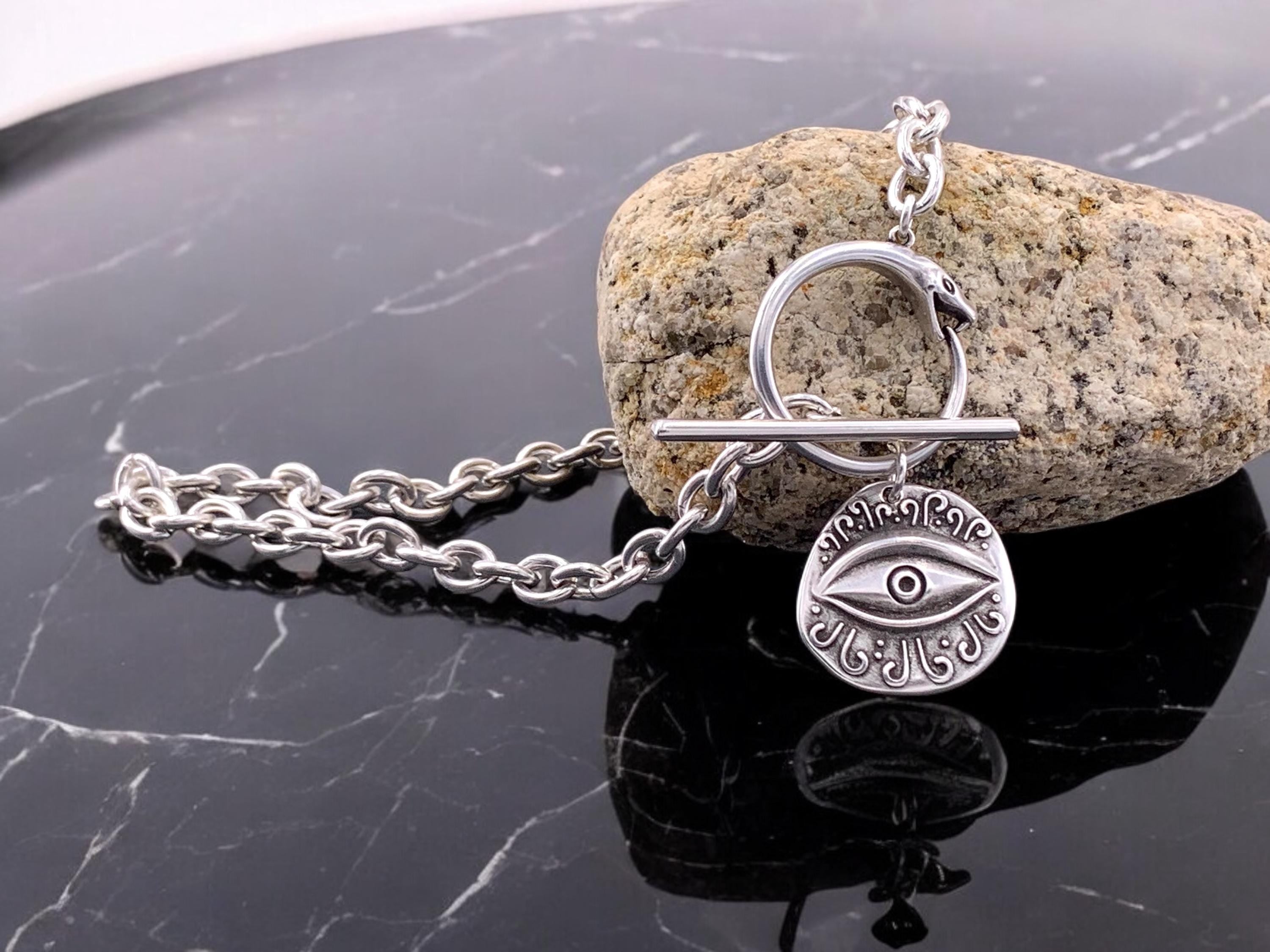 Statement chunky silver chain necklace with snake-shaped toggle clasp and stetment Horus eye pendant, bold bulky necklace, snake necklace,