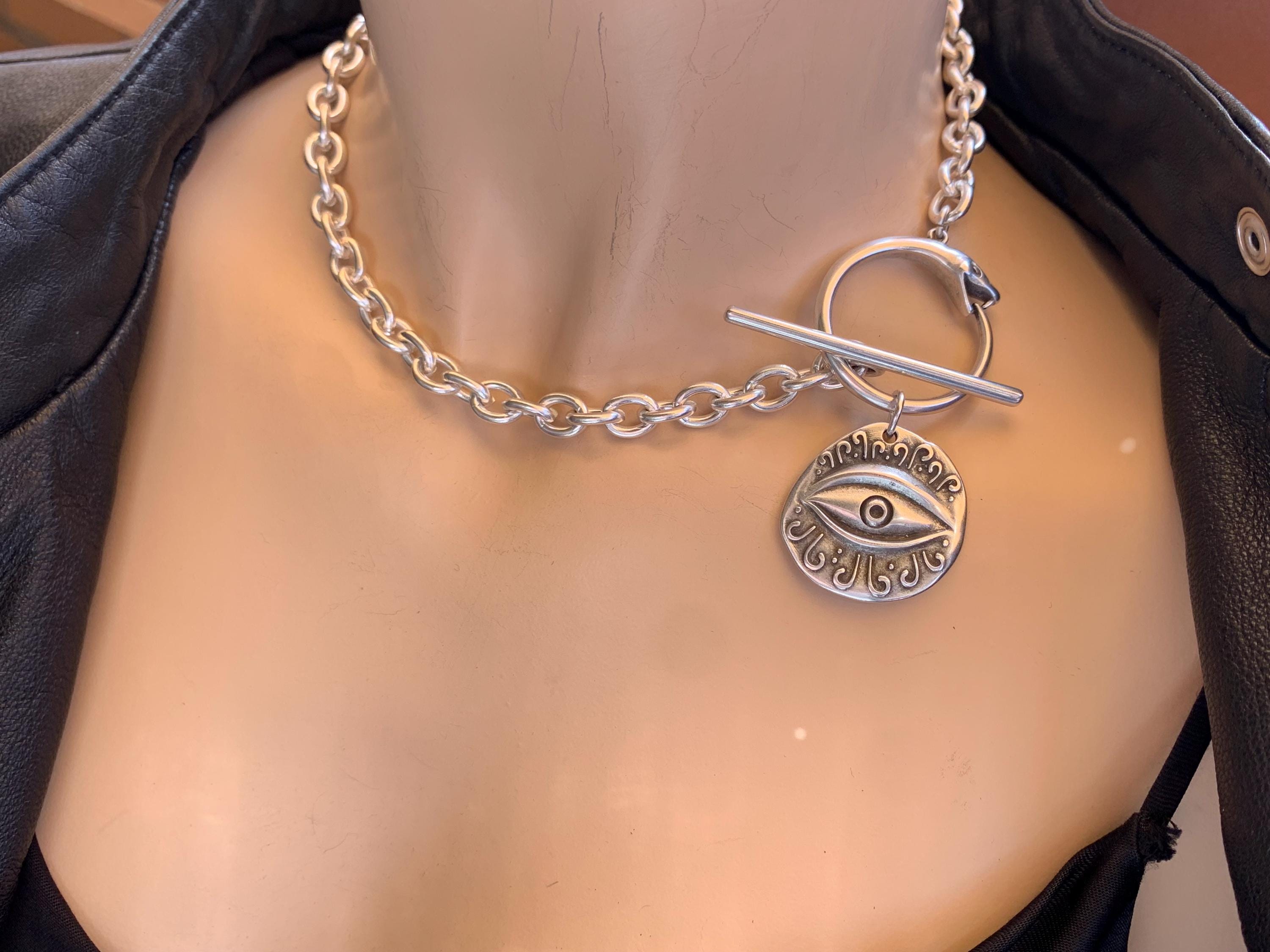 Statement chunky silver chain necklace with snake-shaped toggle clasp and stetment Horus eye pendant, bold bulky necklace, snake necklace,