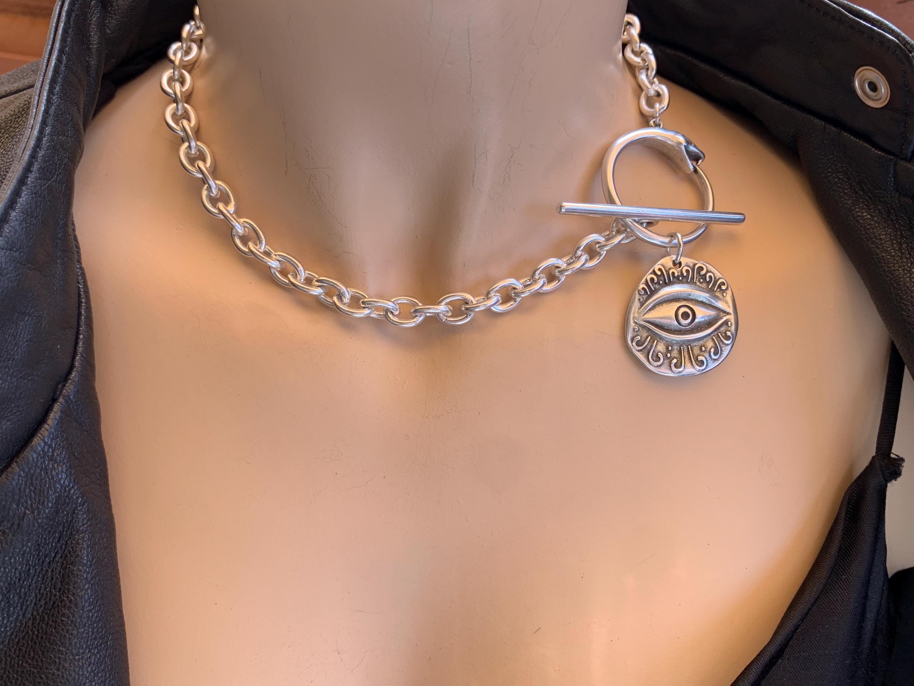 Statement chunky silver chain necklace with snake-shaped toggle clasp and stetment Horus eye pendant, bold bulky necklace, snake necklace,