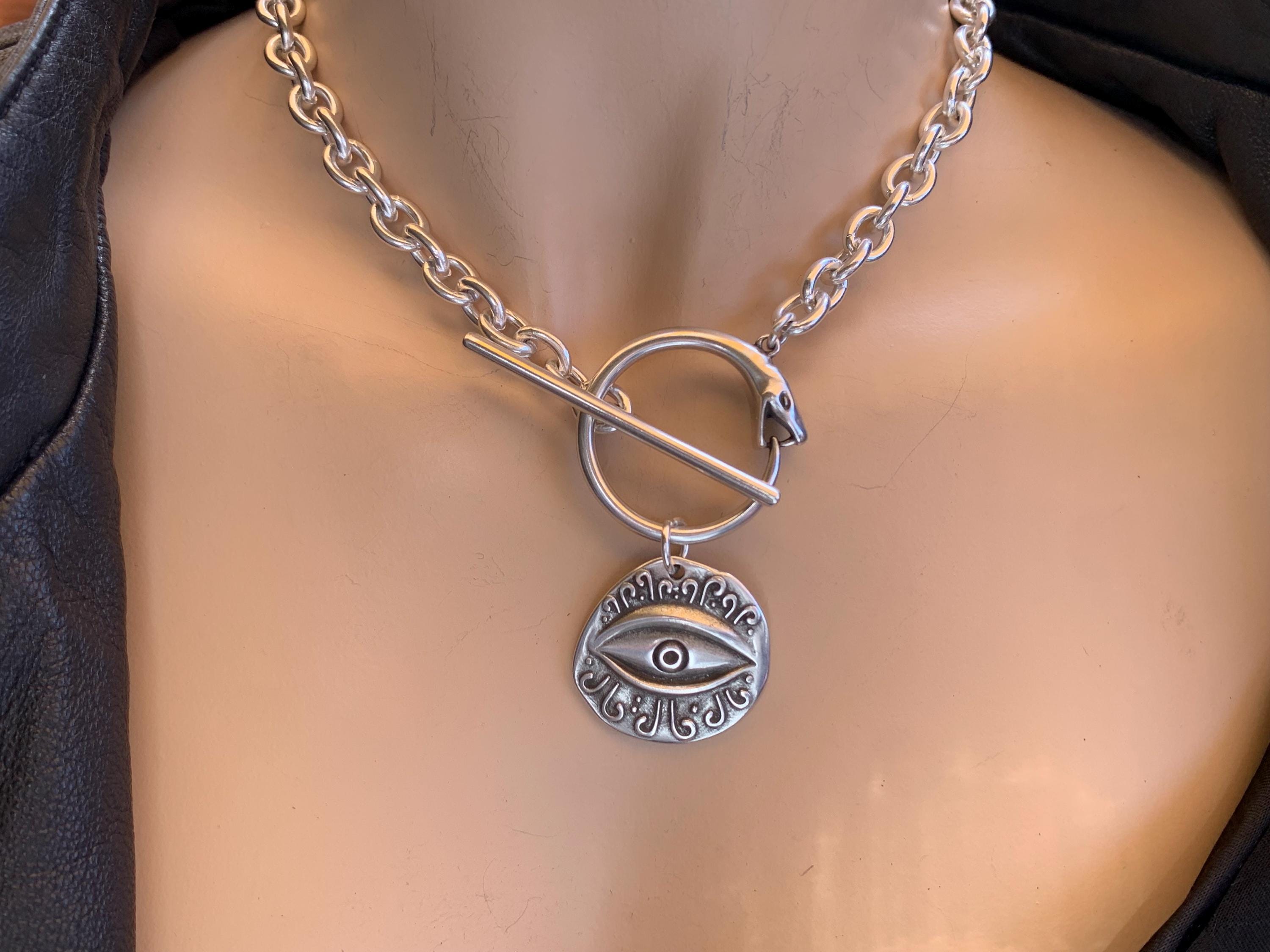 Statement chunky silver chain necklace with snake-shaped toggle clasp and stetment Horus eye pendant, bold bulky necklace, snake necklace,
