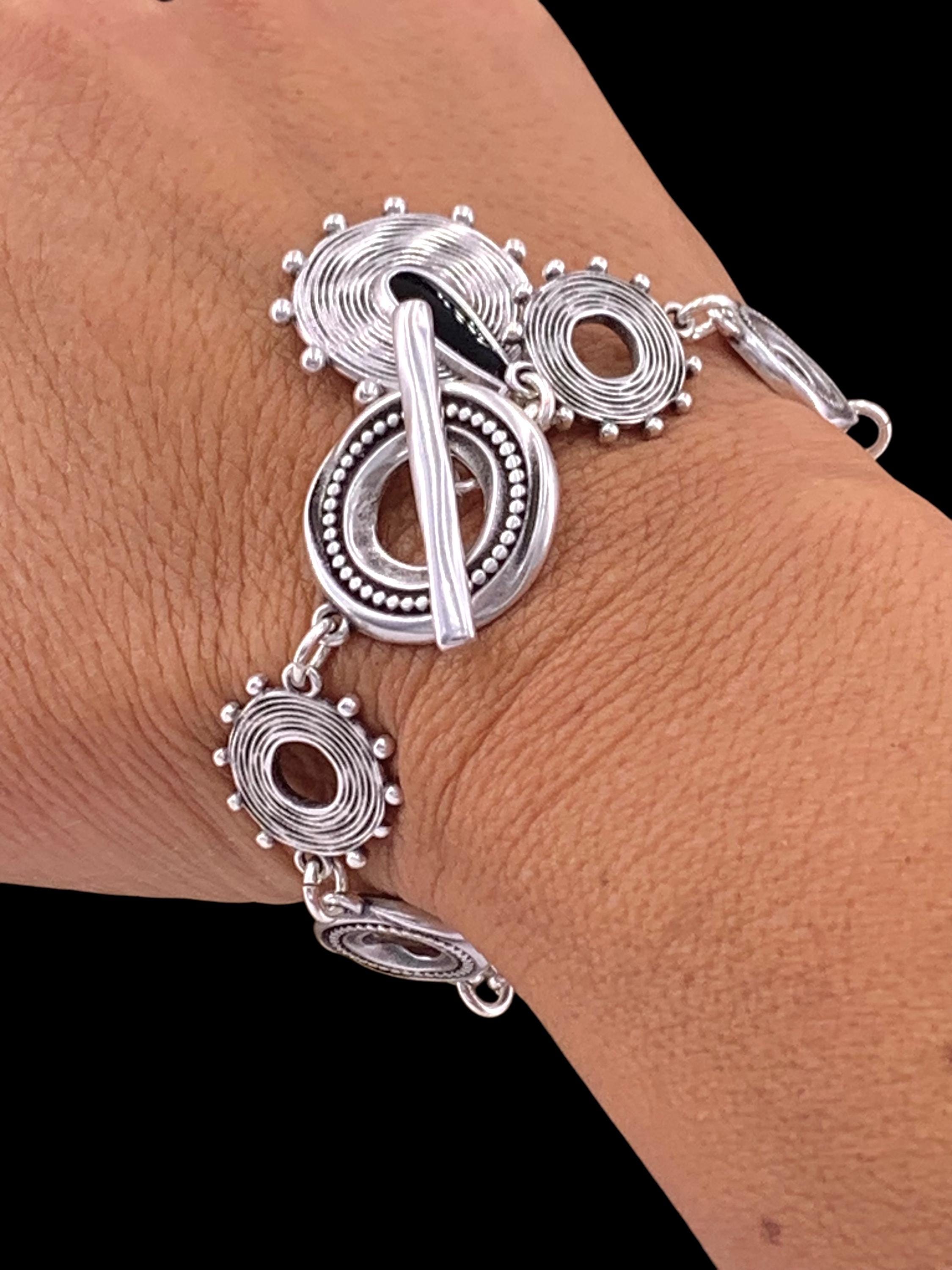 Tribal silver chain bracelet with toggle clasps and  charms, ethnic bracelets, rolo chain silver bracelet, uno de 50 style, bohemian bracele