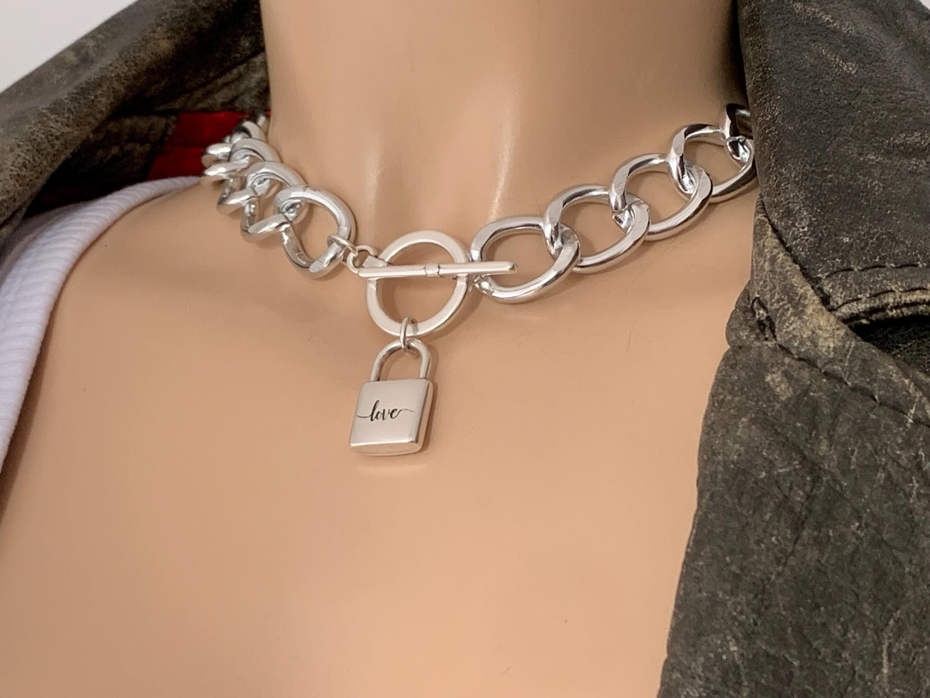 Chunky Silver chain padlock pendant toggle clasp necklace, statement necklace, bulky necklace with chunky chain, voluminous necklace, gift