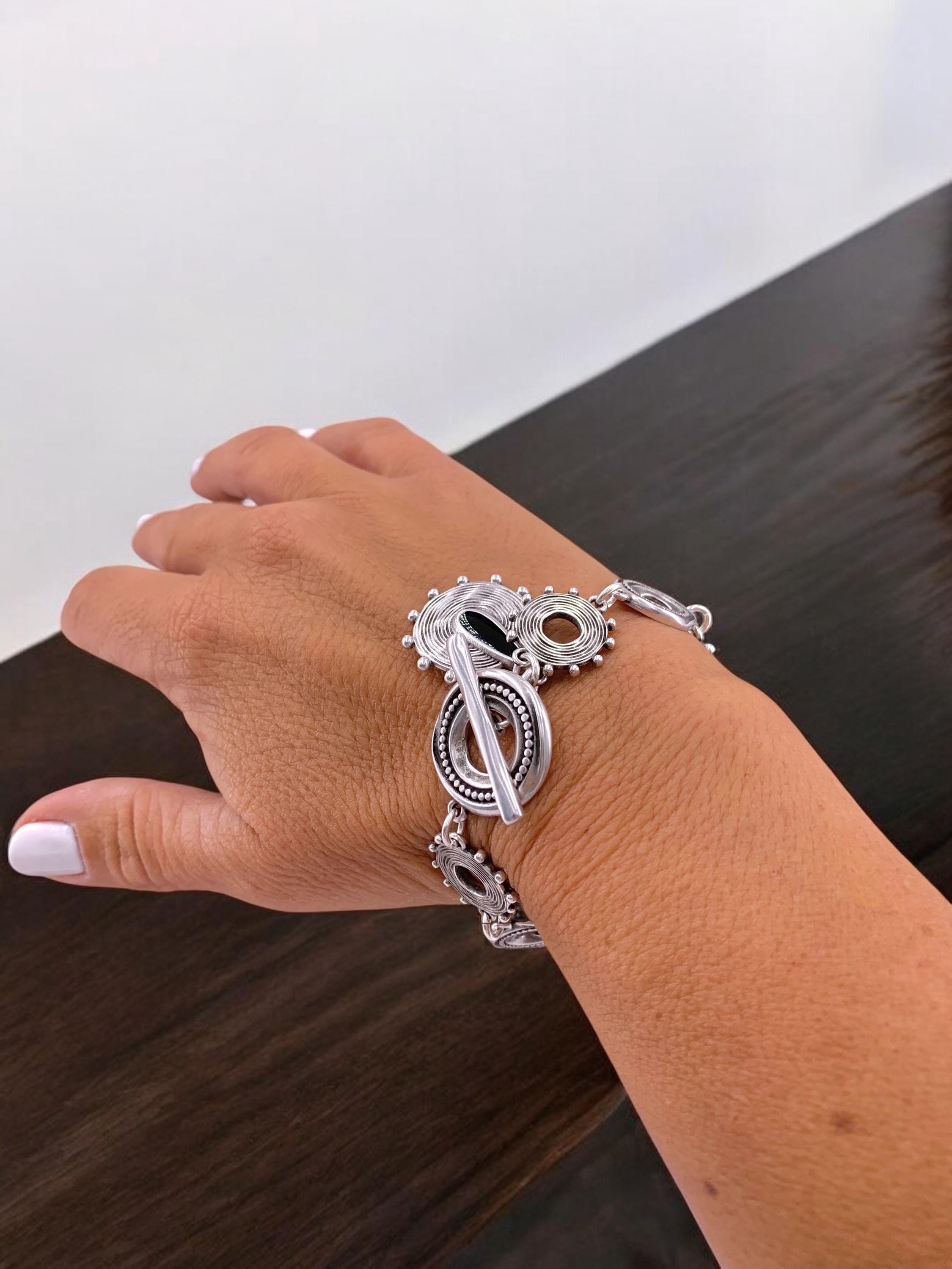 Tribal silver chain bracelet with toggle clasps and  charms, ethnic bracelets, rolo chain silver bracelet, uno de 50 style, bohemian bracele