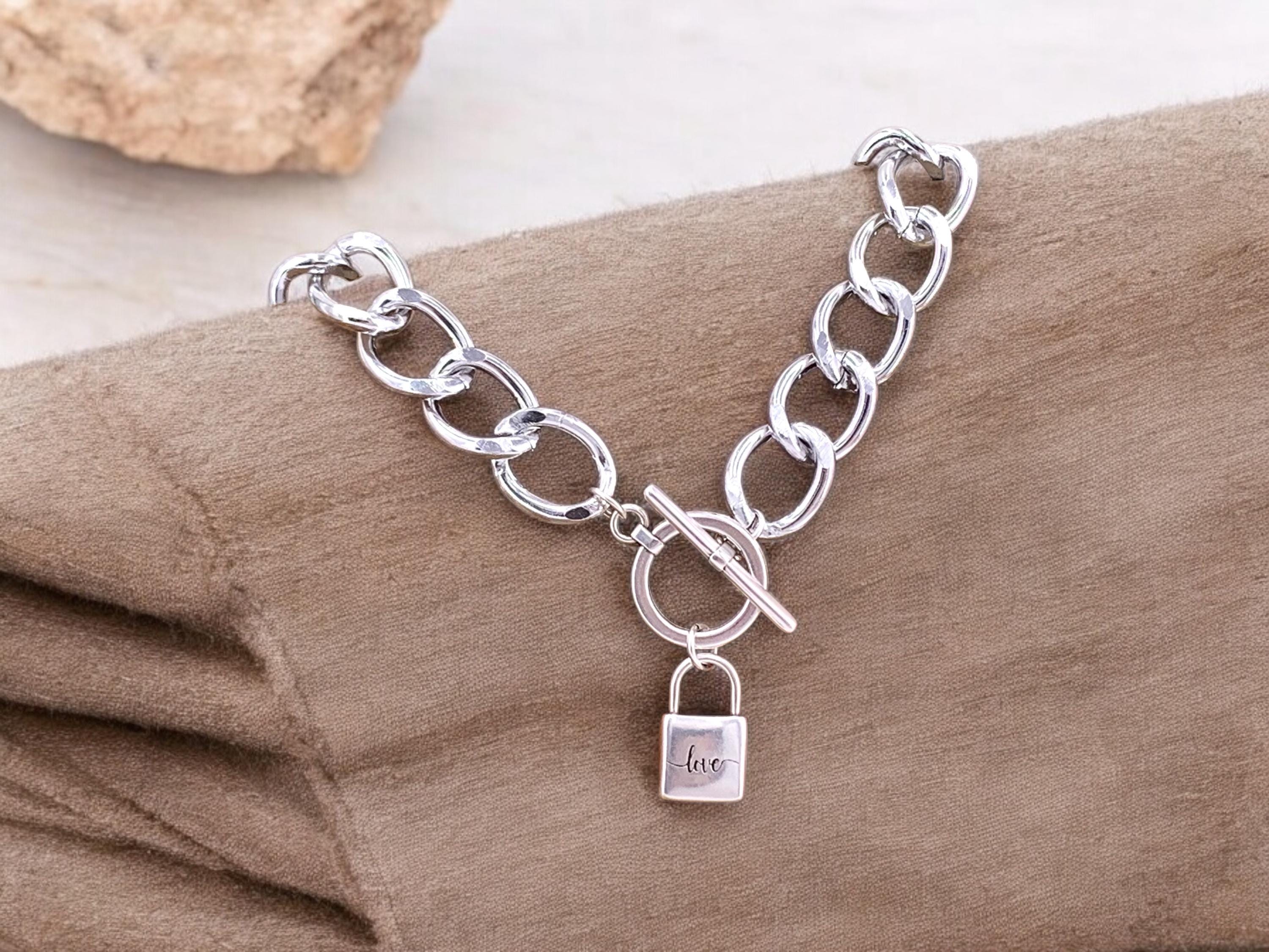 Chunky Silver chain padlock pendant toggle clasp necklace, statement necklace, bulky necklace with chunky chain, voluminous necklace, gift