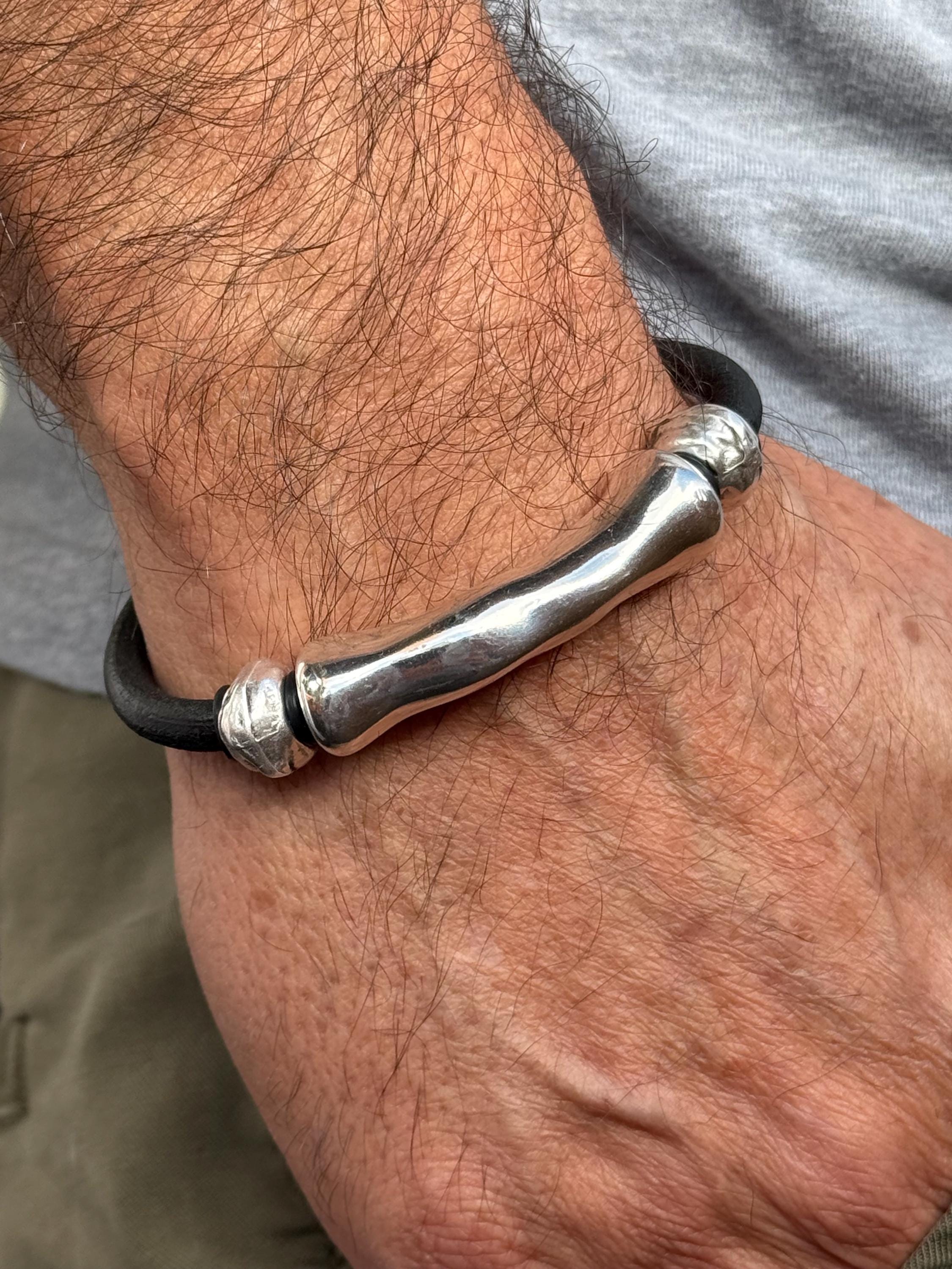 leather bracelet for men, silver masculine bracelet, bohemian bracelet, hippie bracelet, men gift, chunky silver tube leather bracelet,