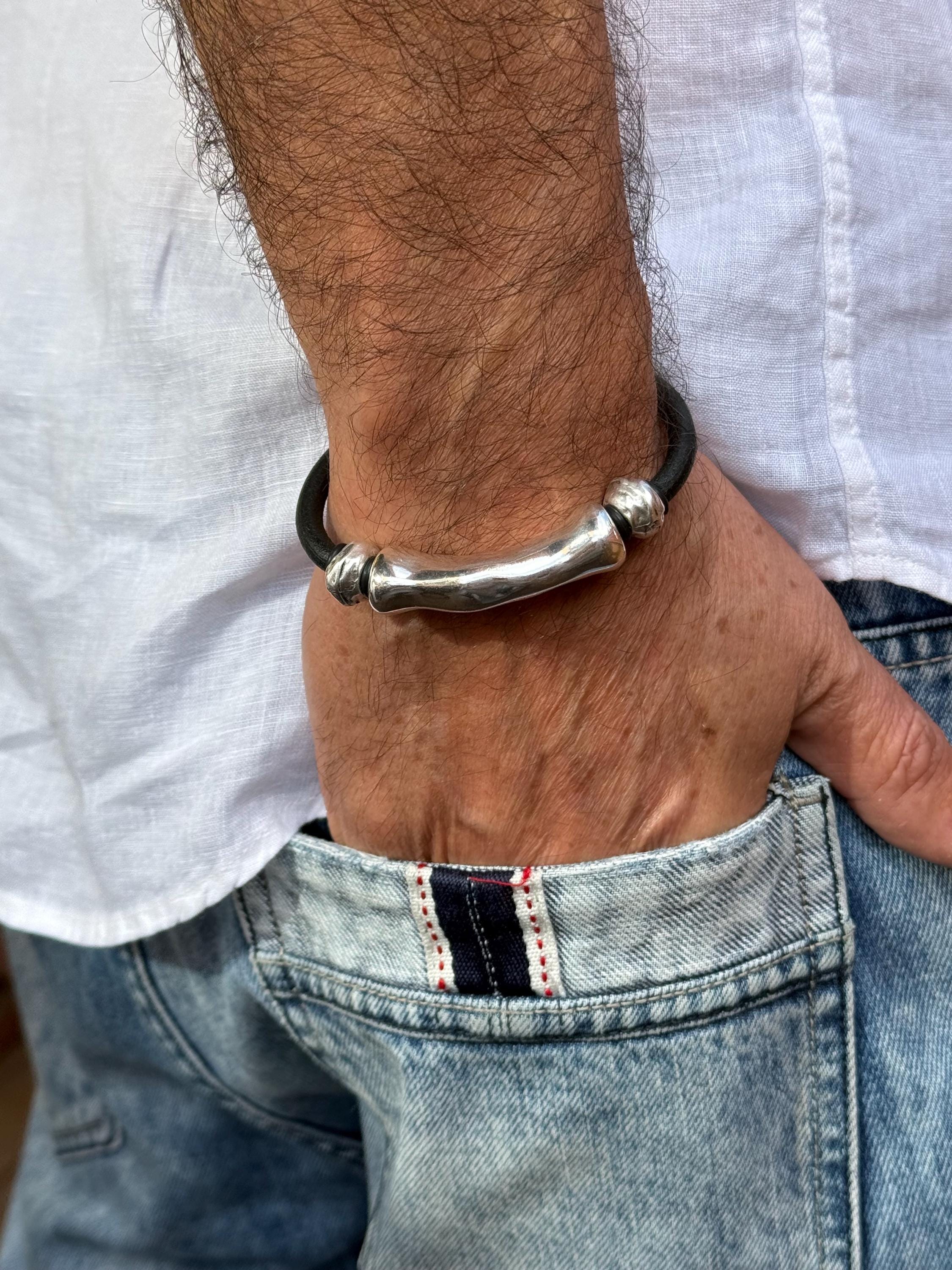leather bracelet for men, silver masculine bracelet, bohemian bracelet, hippie bracelet, men gift, chunky silver tube leather bracelet,