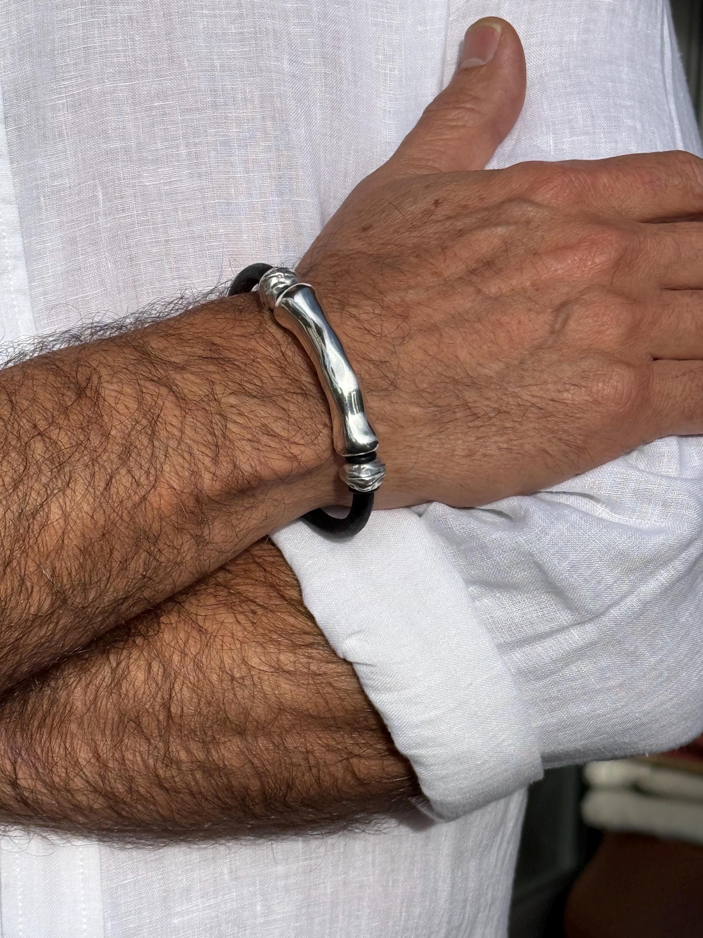 leather bracelet for men, silver masculine bracelet, bohemian bracelet, hippie bracelet, men gift, chunky silver tube leather bracelet,