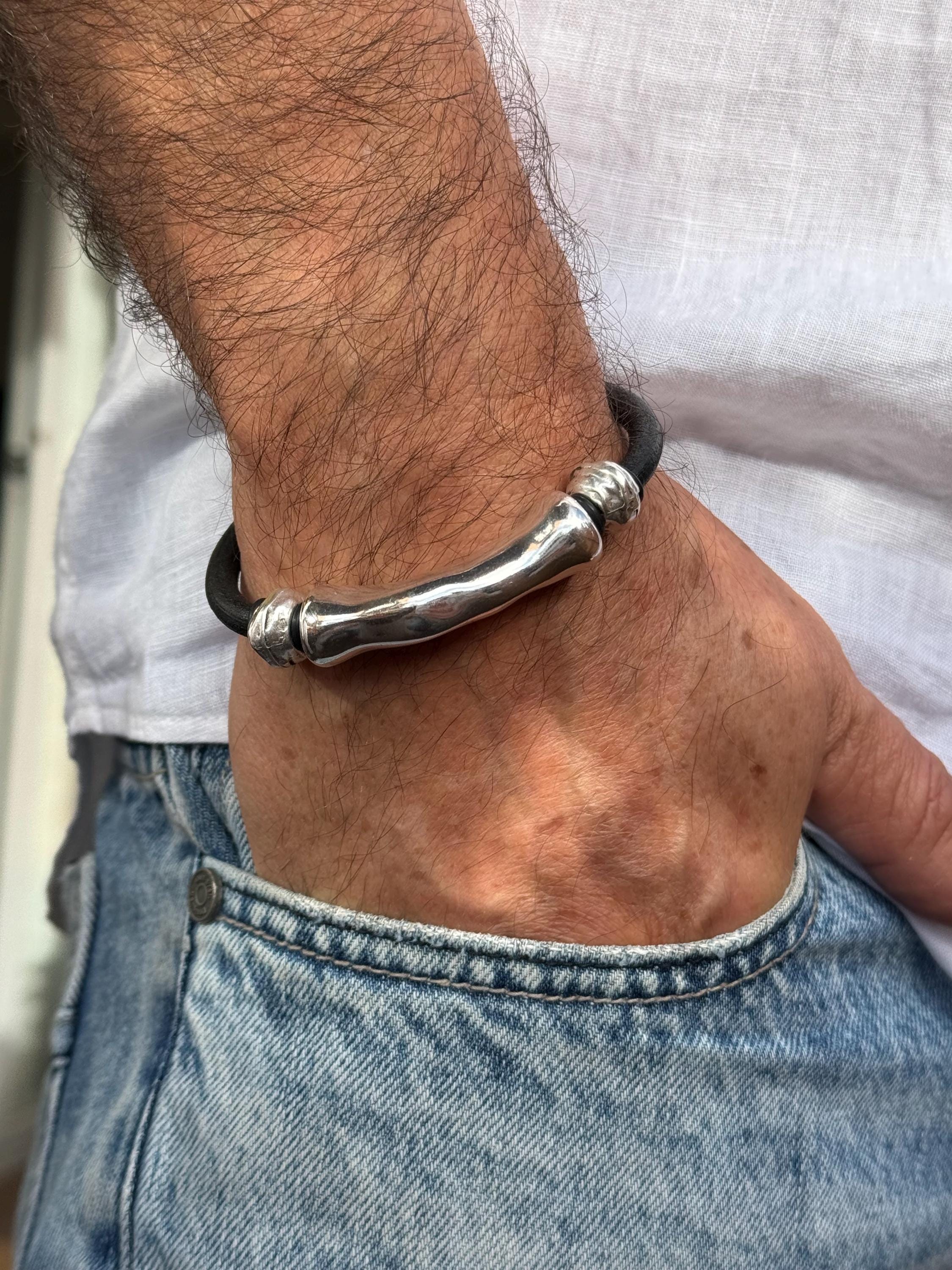 leather bracelet for men, silver masculine bracelet, bohemian bracelet, hippie bracelet, men gift, chunky silver tube leather bracelet,