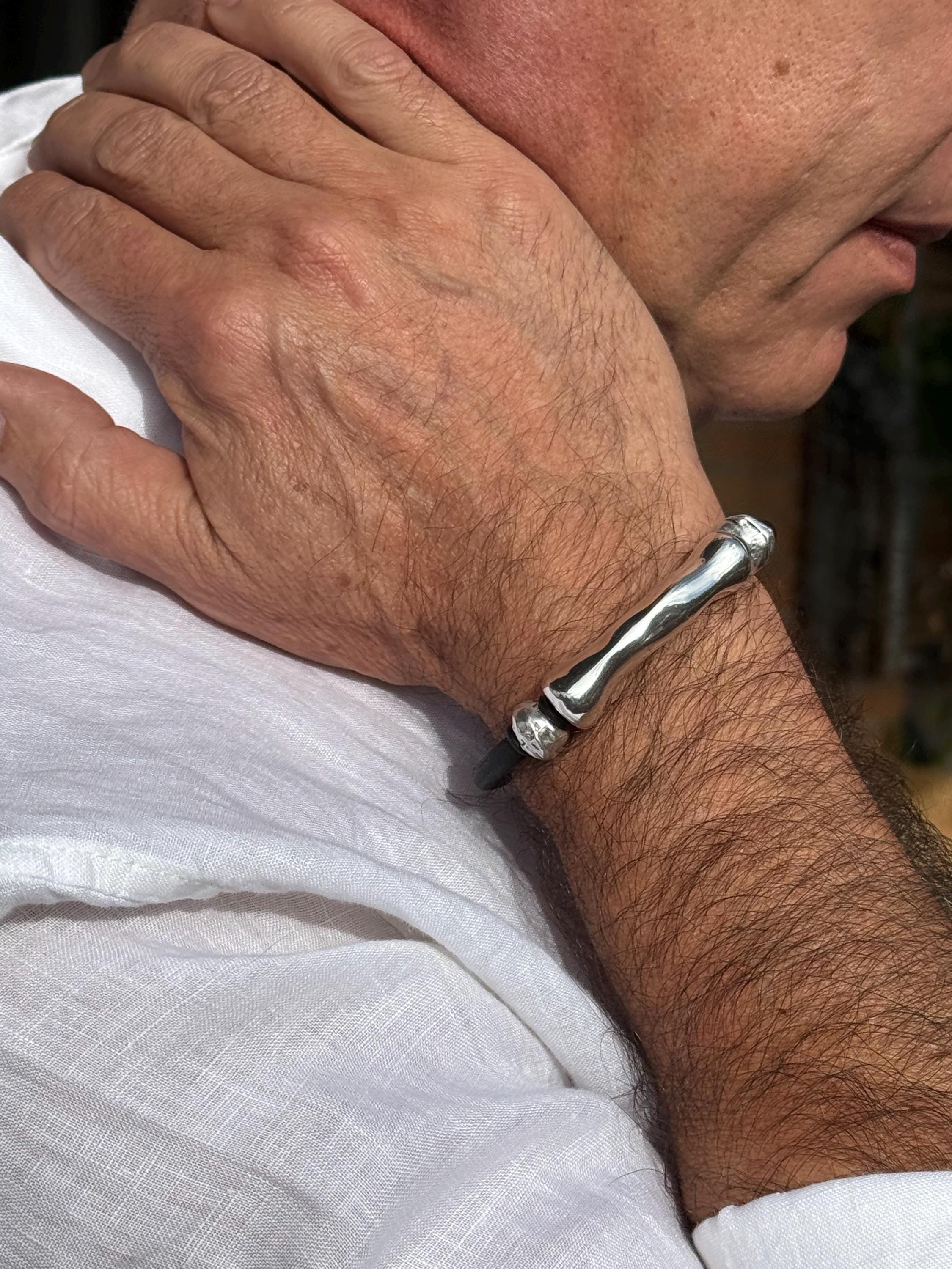 leather bracelet for men, silver masculine bracelet, bohemian bracelet, hippie bracelet, men gift, chunky silver tube leather bracelet,
