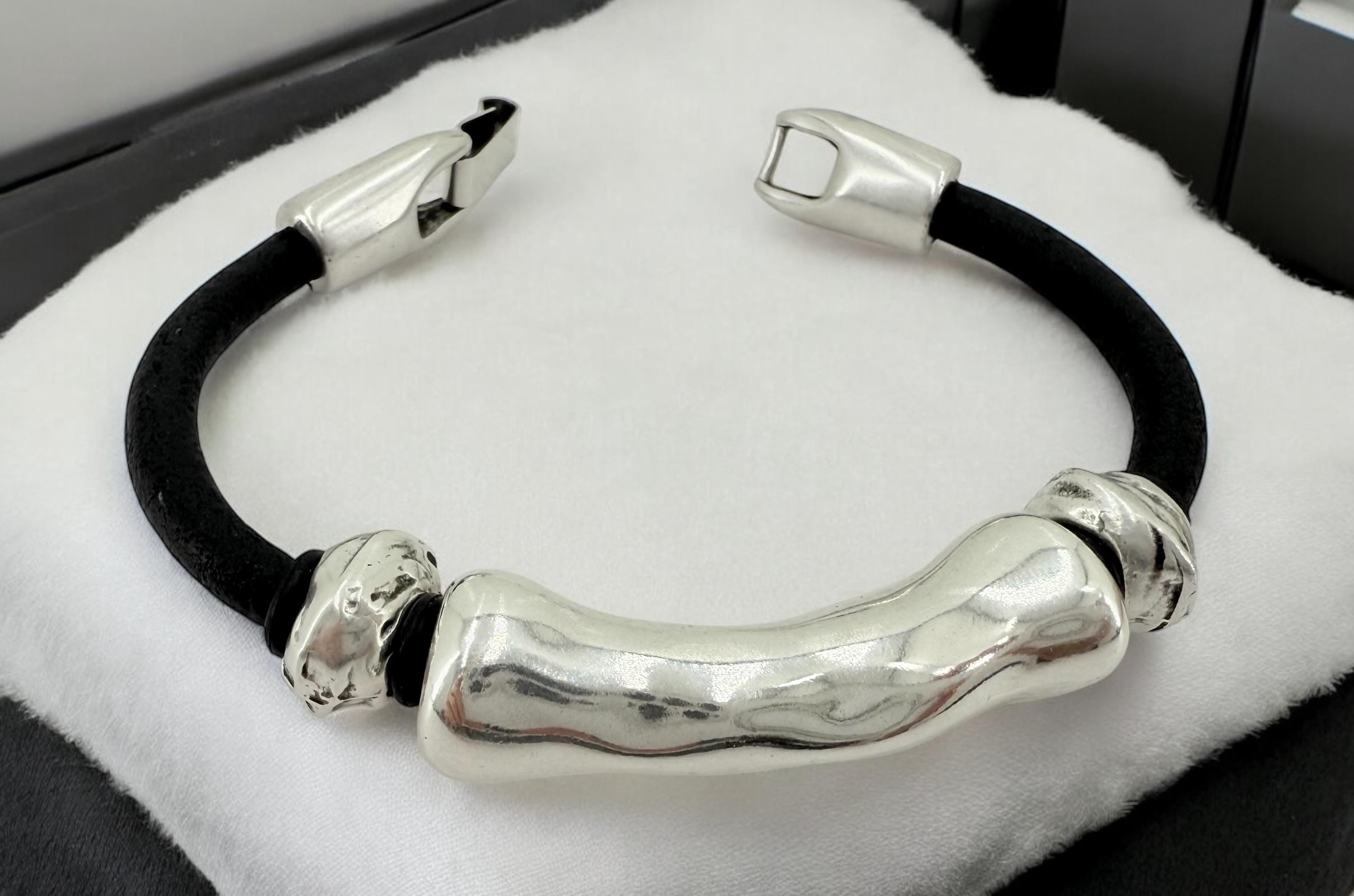 leather bracelet for men, silver masculine bracelet, bohemian bracelet, hippie bracelet, men gift, chunky silver tube leather bracelet,