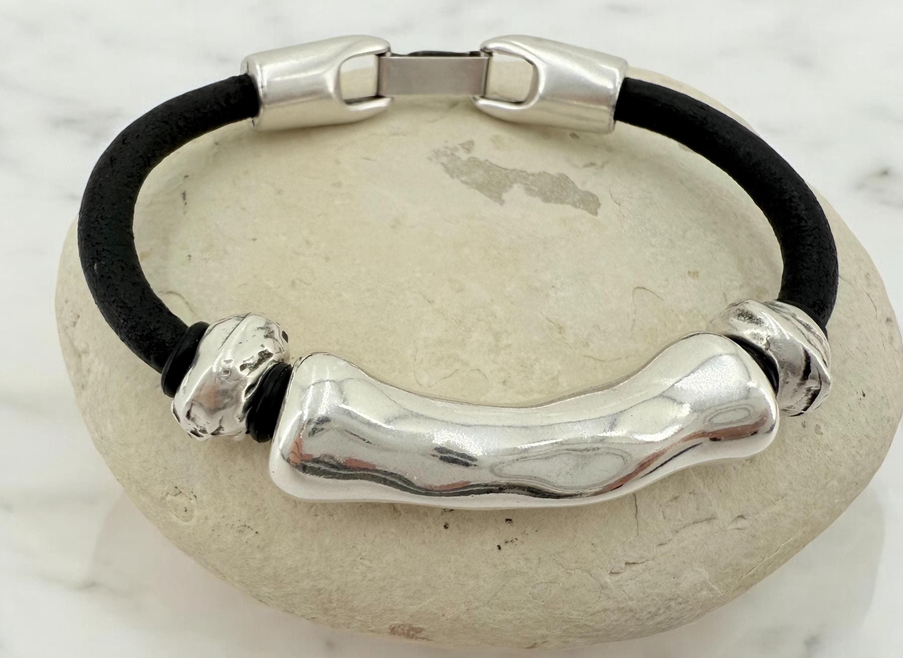leather bracelet for men, silver masculine bracelet, bohemian bracelet, hippie bracelet, men gift, chunky silver tube leather bracelet,