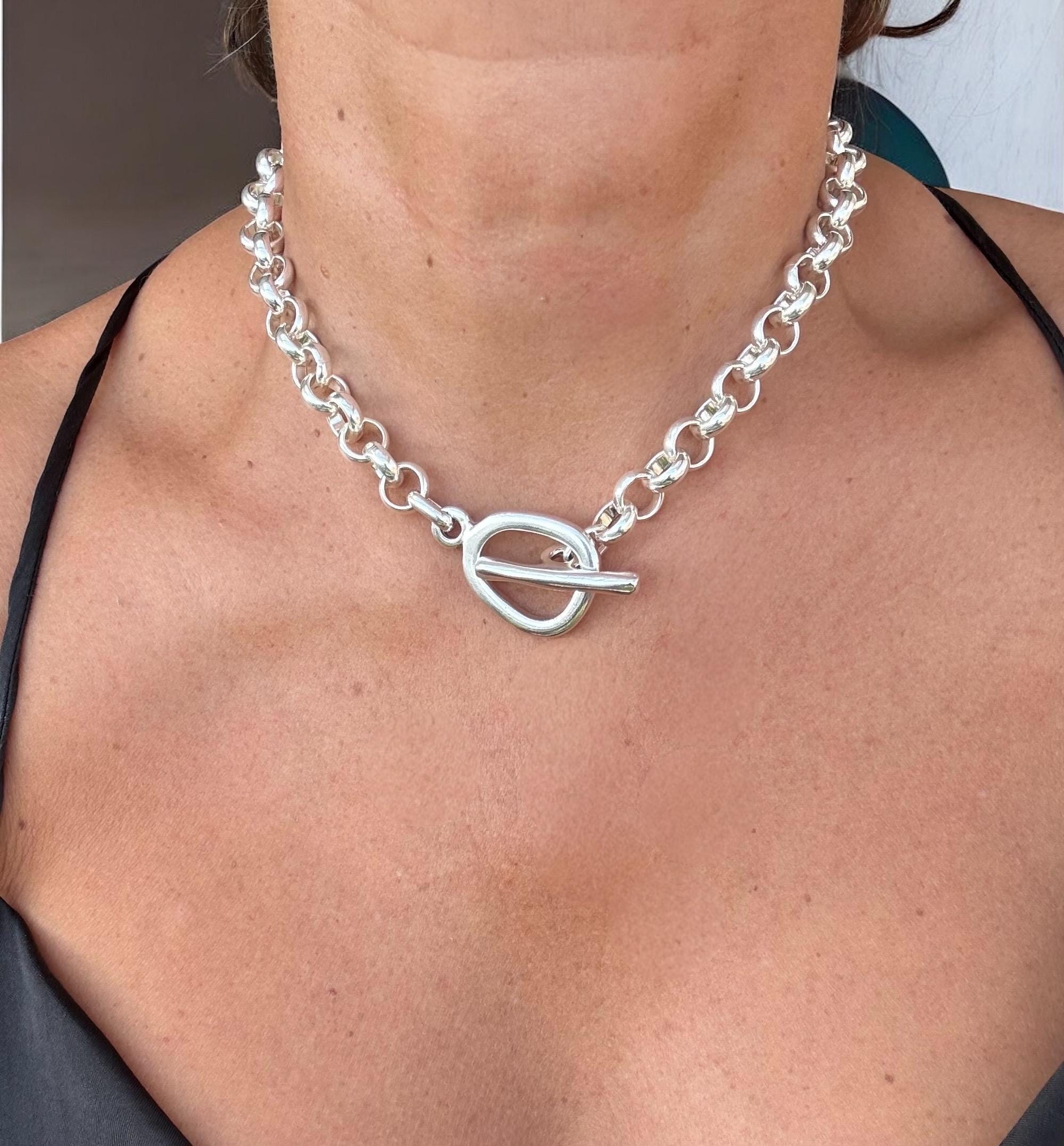 Chunky Silver Rolo Chain Choker Necklace – Bold Silver-Plated Statement Jewelry with Toggle Clasp -