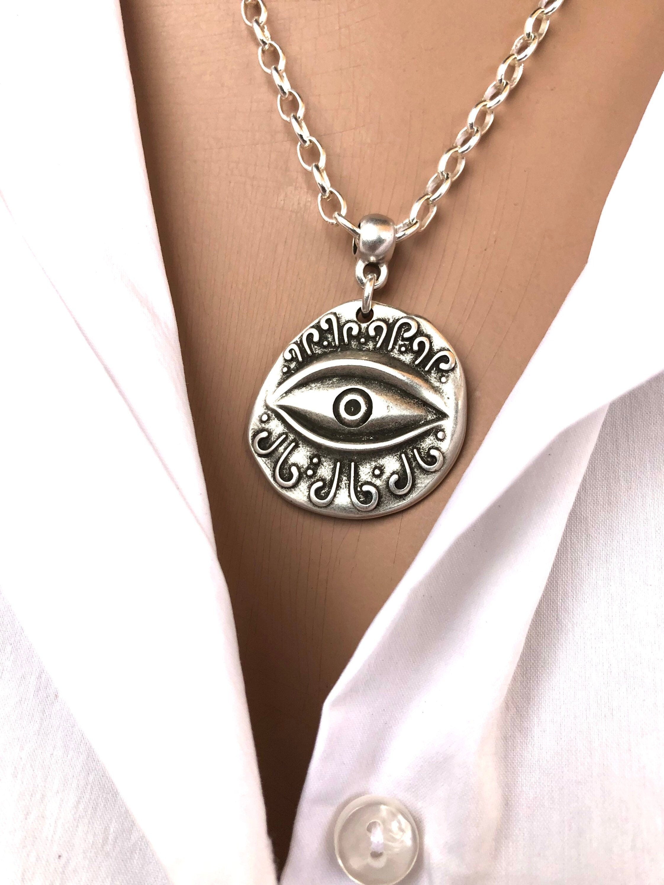 Protector Egyptian eye pensar necklace, coin pendant silver chain necklace, tribal silver necklace, spiritual protector necklace, gift
