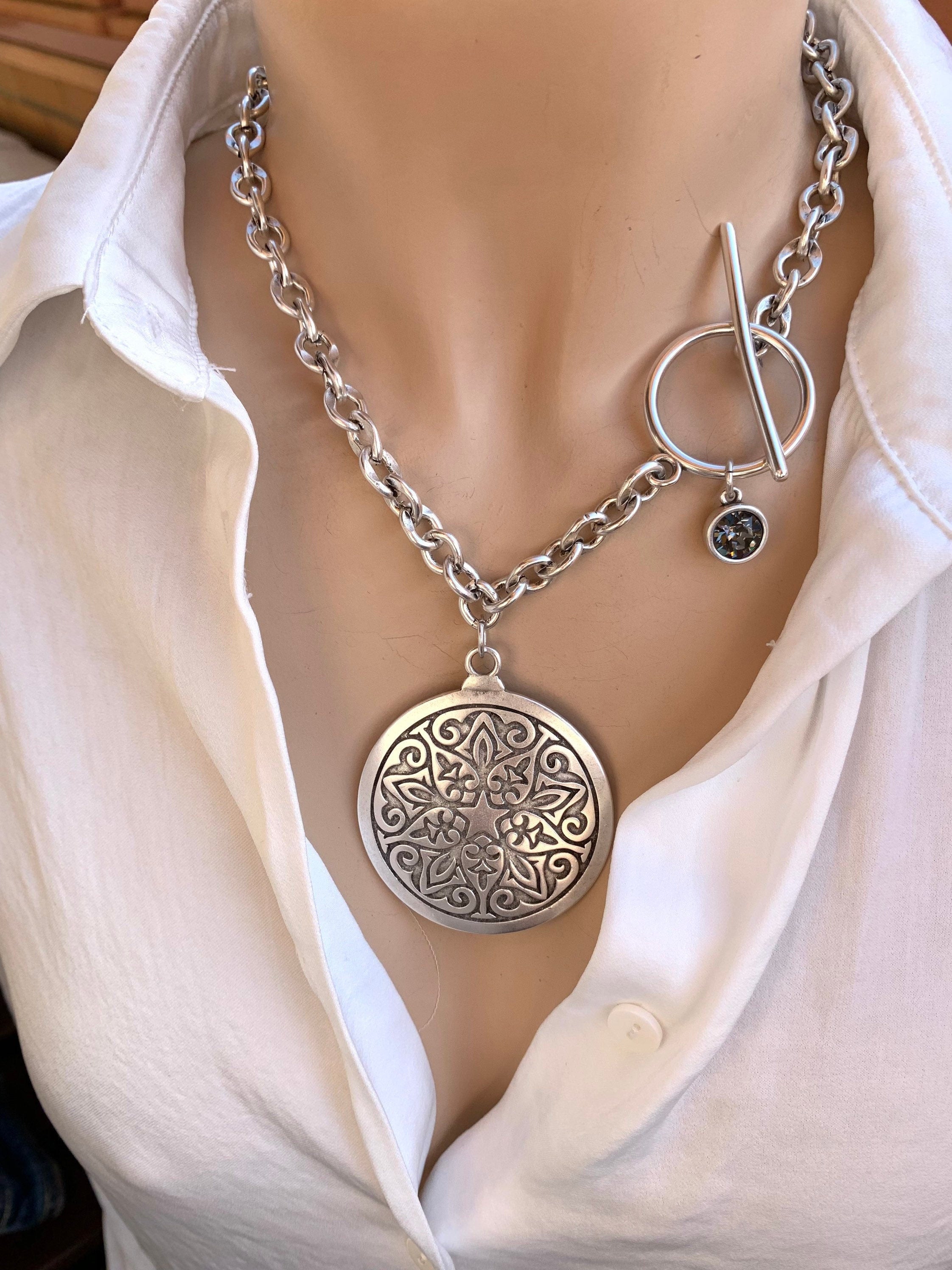 Chunky Silver Chain Necklace – Large Mandala Disc Pendant & Swarovski Charm – Toggle Clasp – Statement Boho Jewelry - exclusive design