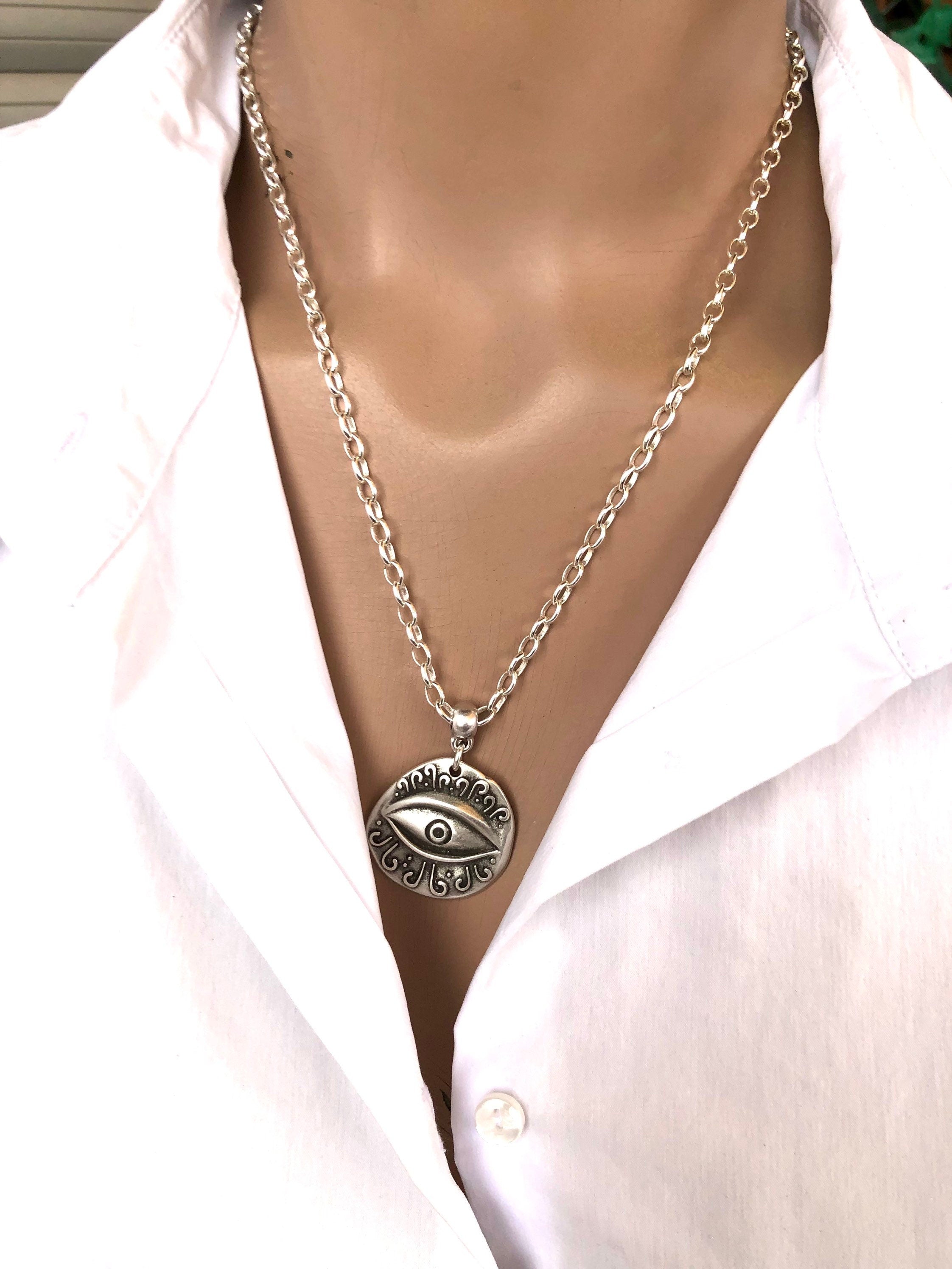Protector Egyptian eye pensar necklace, coin pendant silver chain necklace, tribal silver necklace, spiritual protector necklace, gift